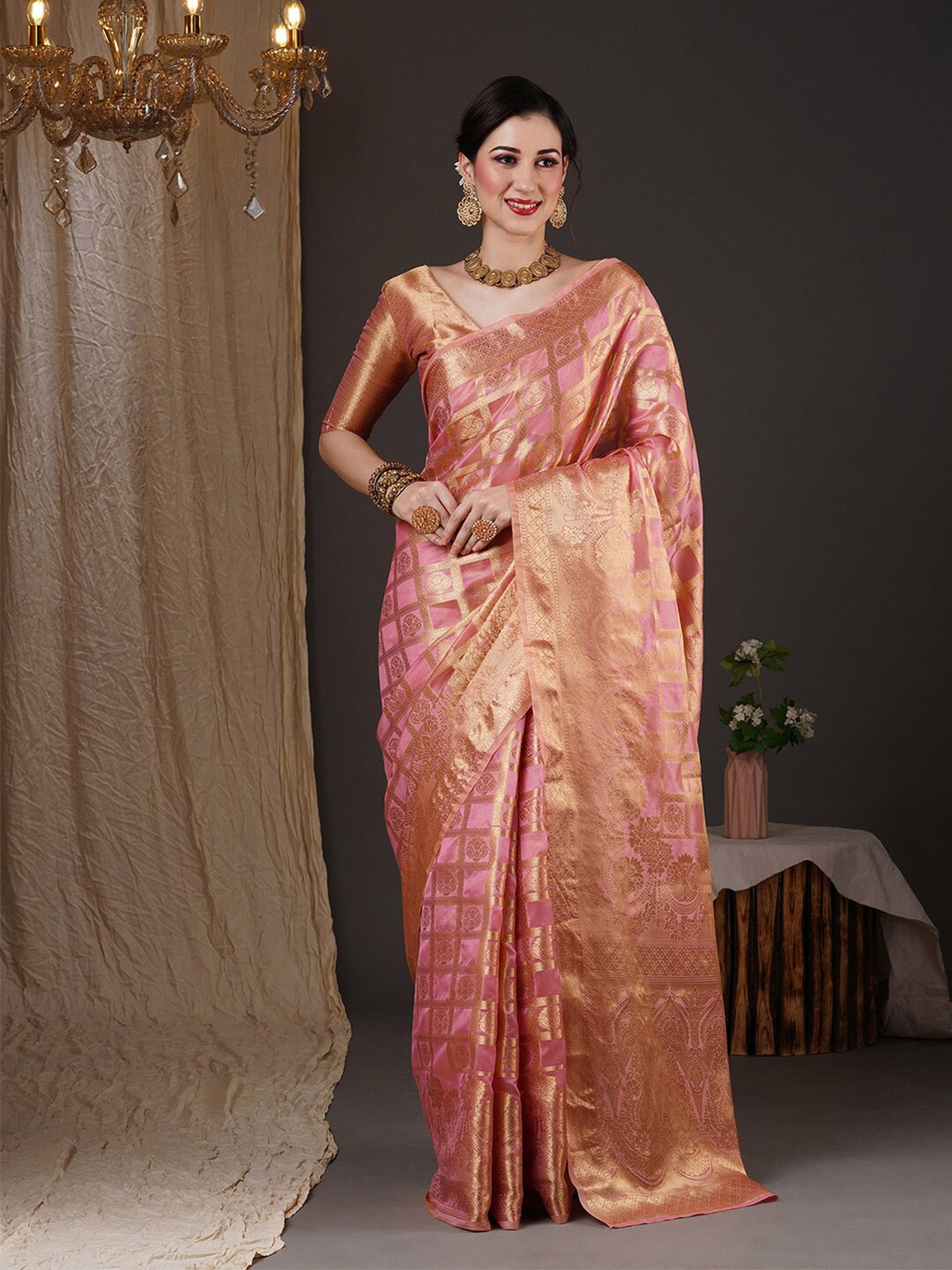 

Saree mall Pink & Gold-Toned Ethnic Motifs Woven Design Zari Organza Banarasi Sarees