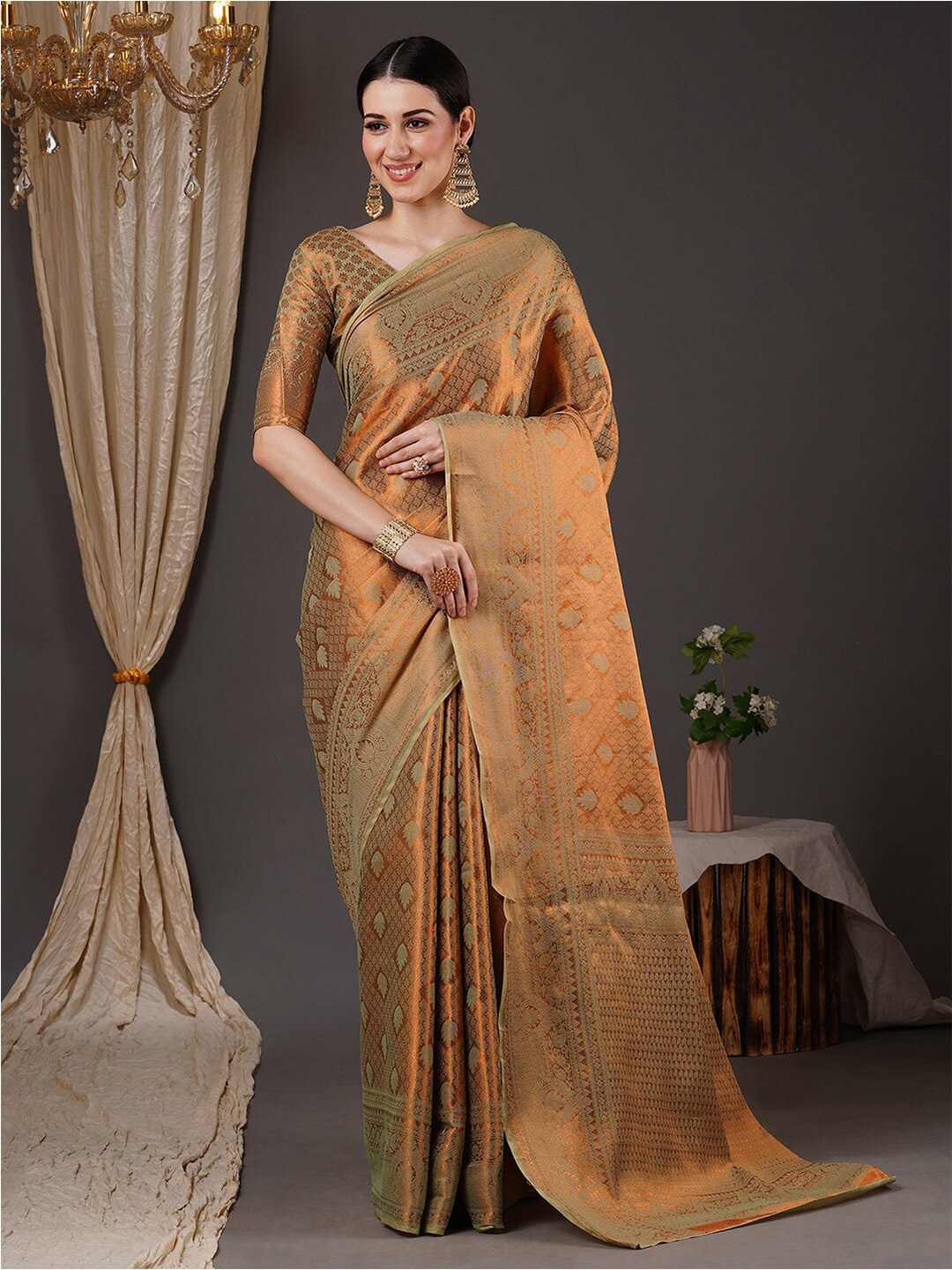 

Saree mall Beige & Copper-Toned Ethnic Motif Woven Design Zari Kanjeevaram Sarees