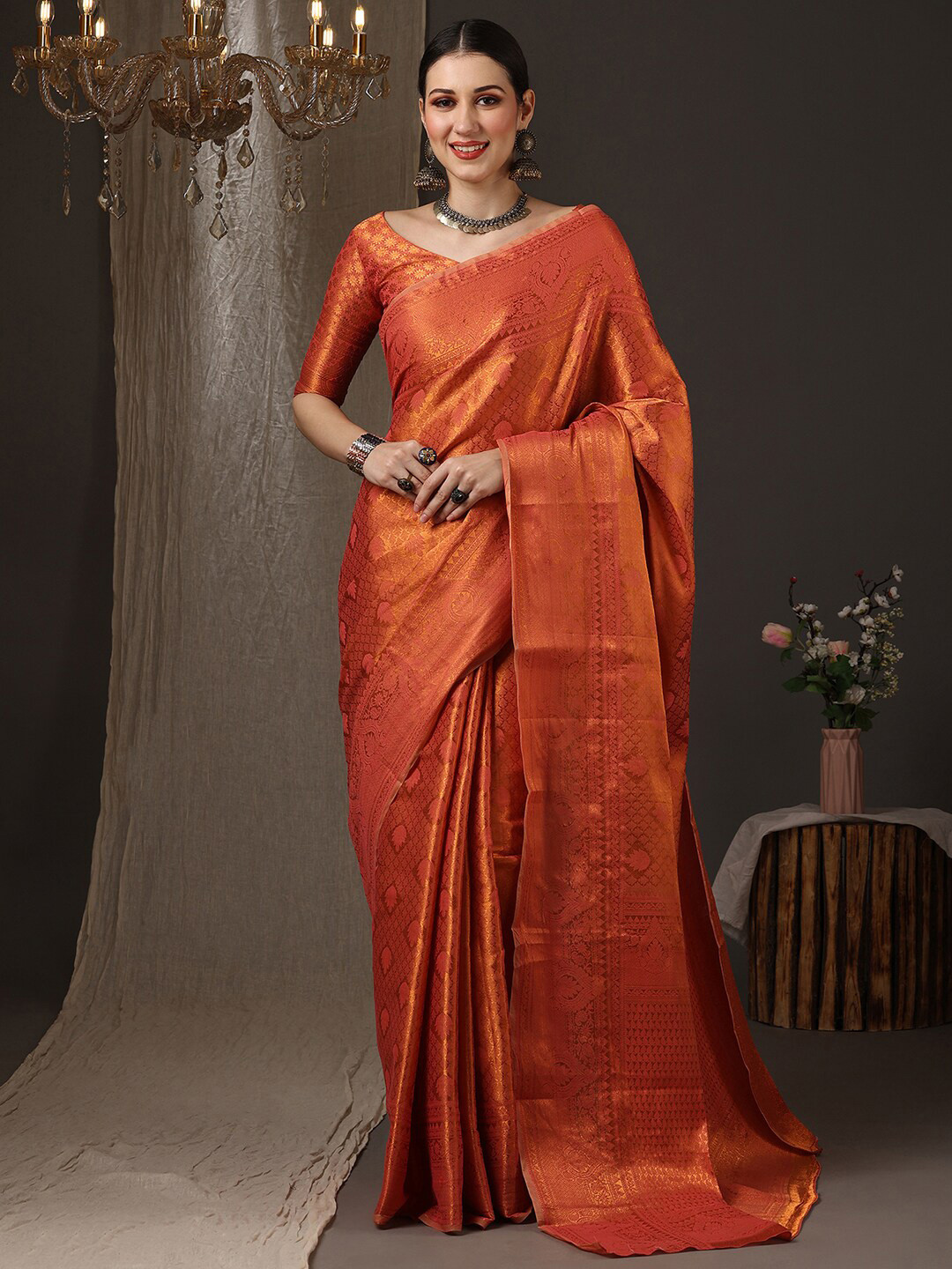 

Saree mall Ethnic Motif Woven Design Zari Kanjeevaram Sarees, Pink