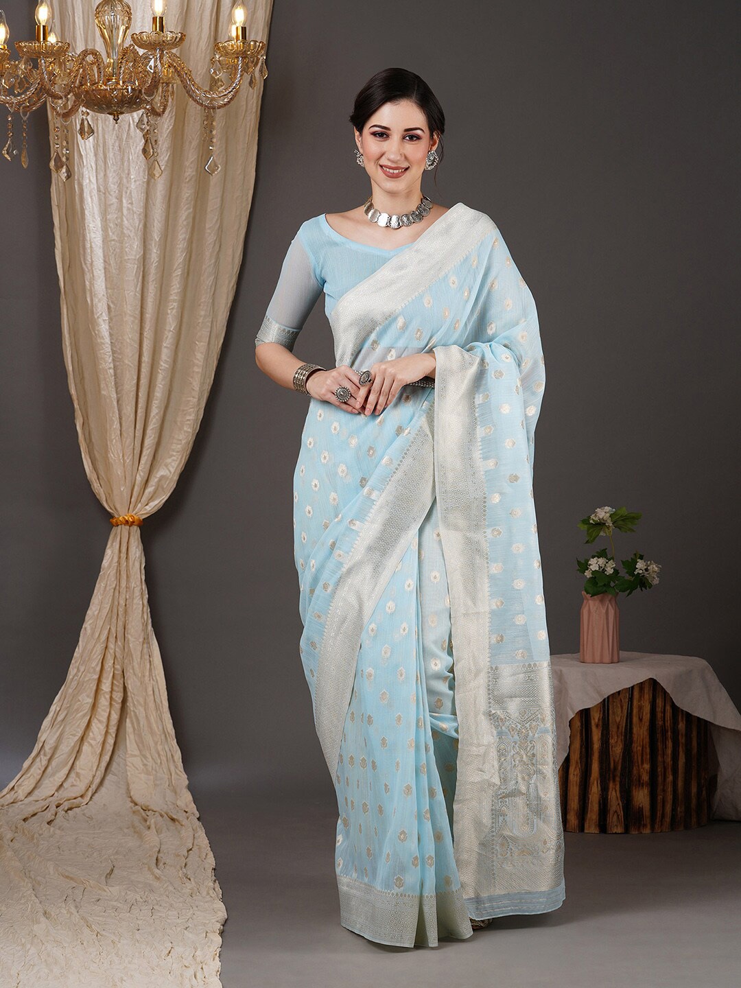 

Saree mall Blue & Gold-Toned Ethnic Motif Woven Design Zari Silk Cotton Banarasi Sarees
