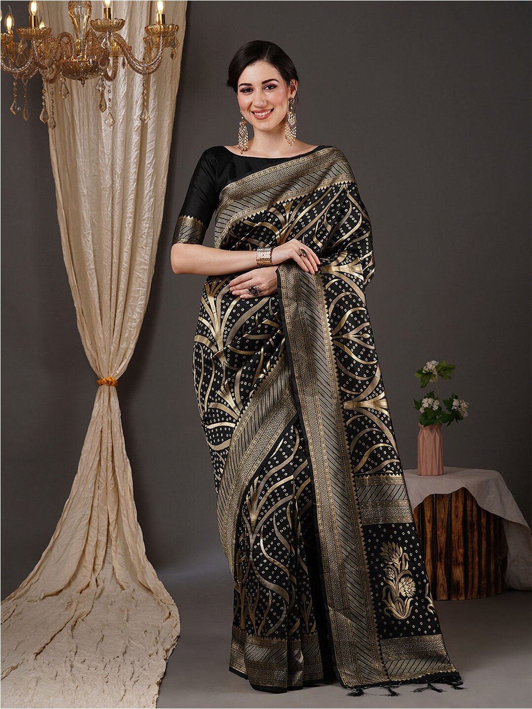 

Saree mall Ethnic Motif Woven Design Zari Banarasi Sarees, Black