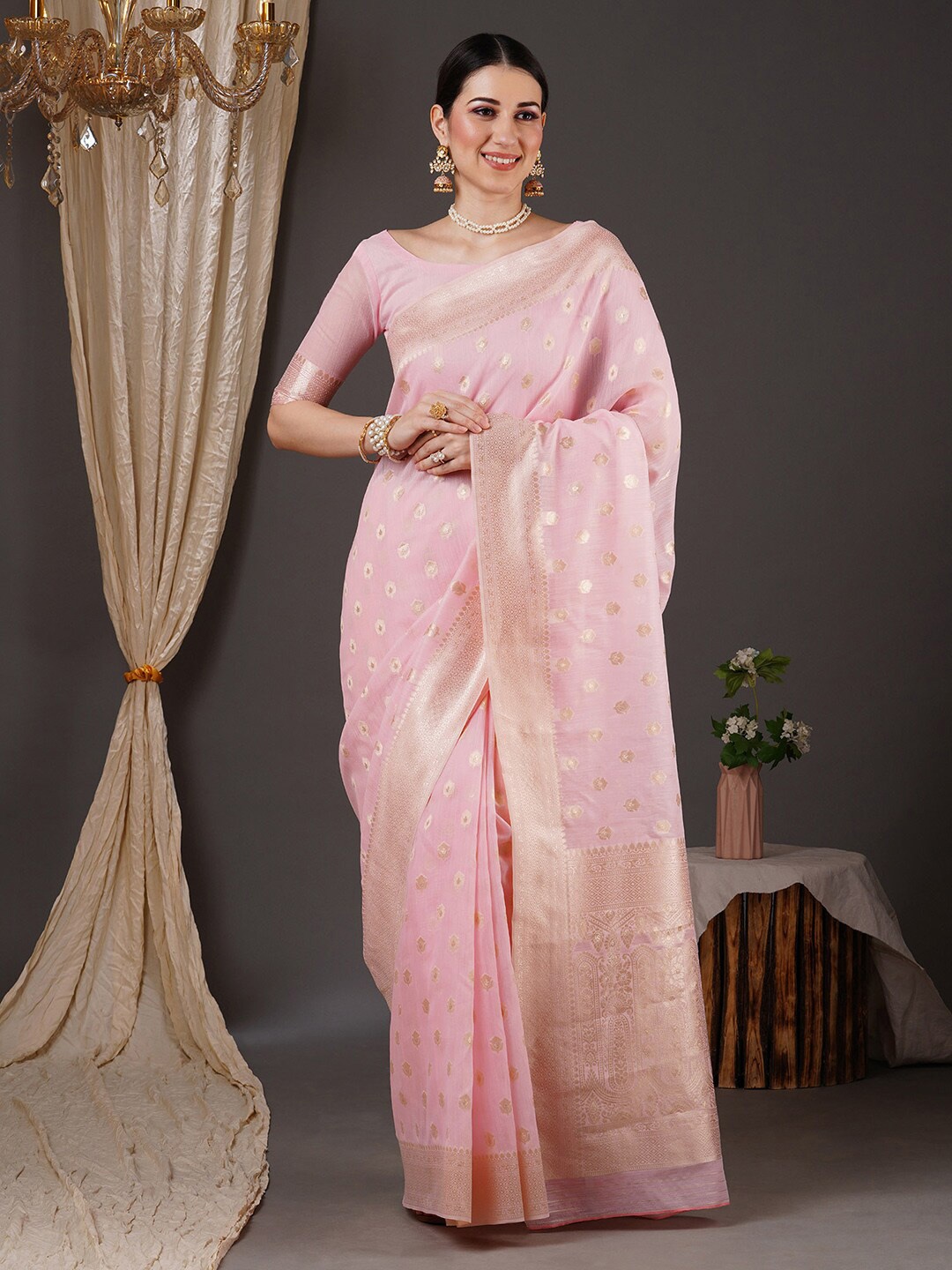 

Saree mall Pink & Gold-Toned Floral Woven Design Zari Silk Cotton Banarasi Sarees