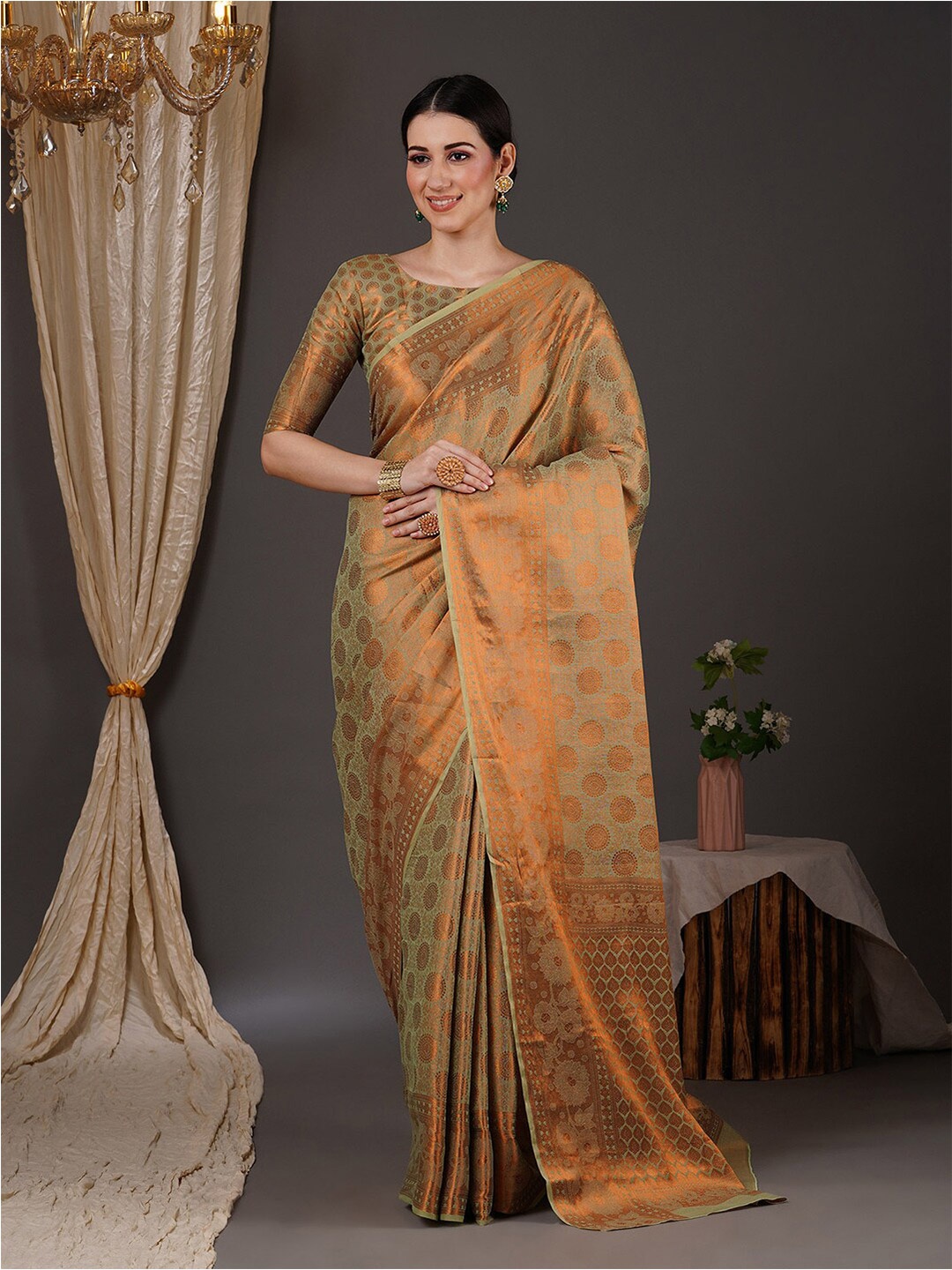 

Saree mall Green & Gold-Toned Ethnic Motif Woven Design Zari Banarasi Sarees