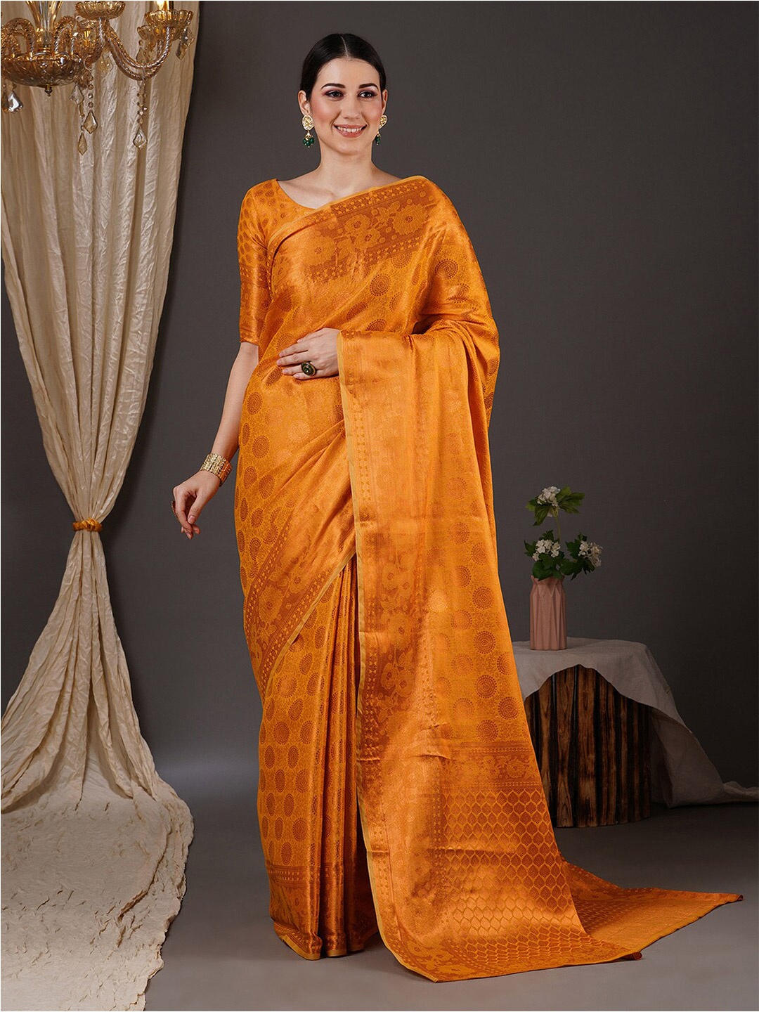 

Saree mall Yellow & Copper-Toned Ethnic Motif Woven Design Zari Banarasi Sarees, Orange