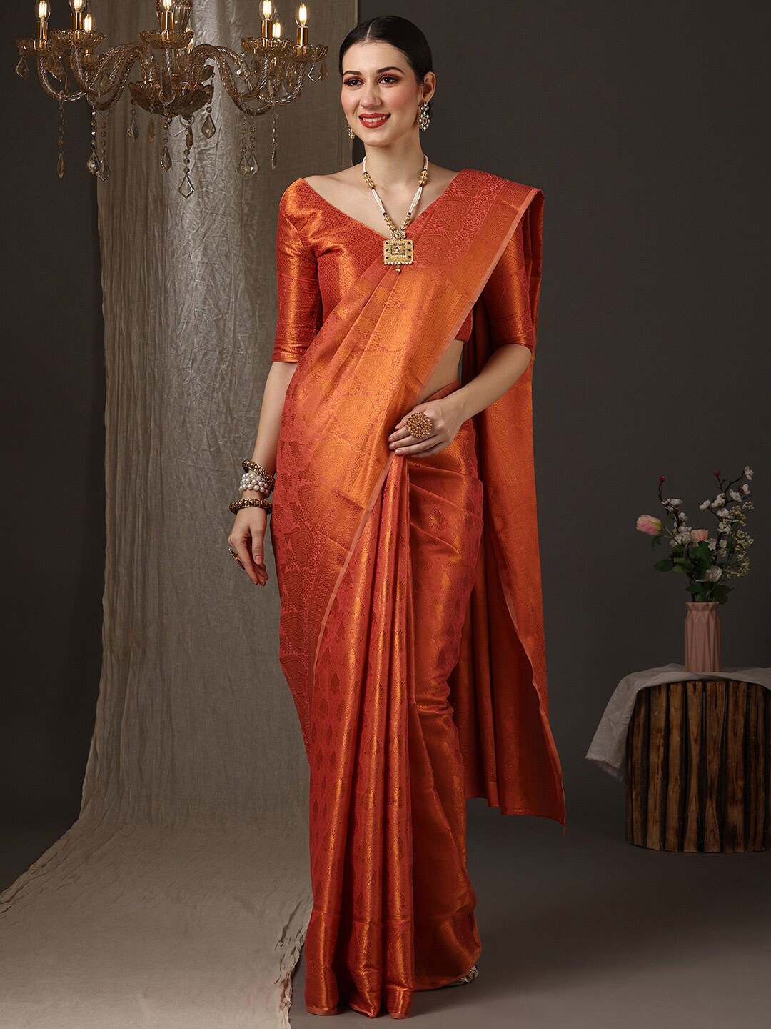 

Saree mall Ethnic Motif Woven Design Zari Kanjeevaram Saree, Red