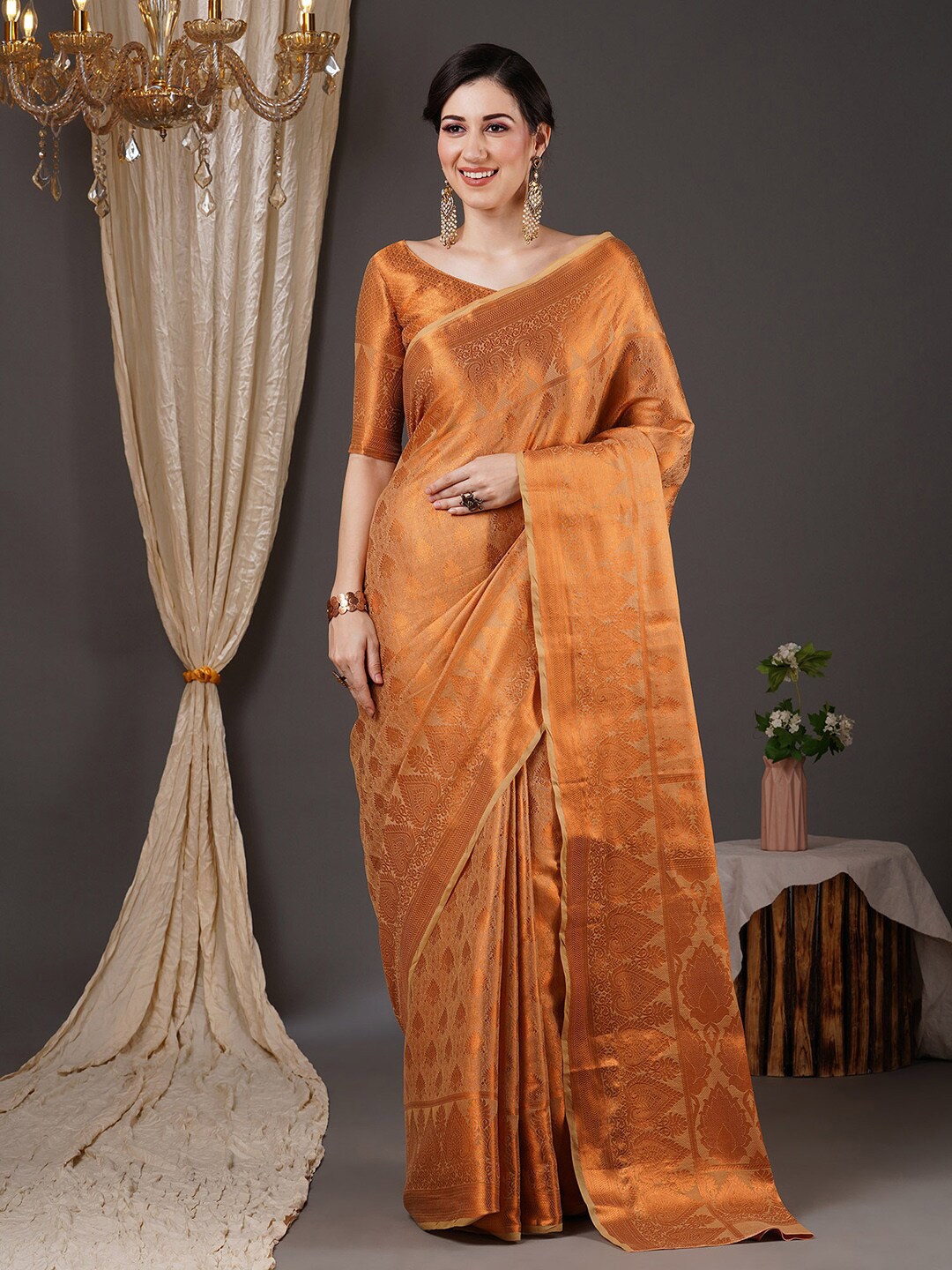 

Saree mall Cream-Coloured & Copper-Toned Ethnic Motif Woven Design Zari Kanjeevaram Sarees