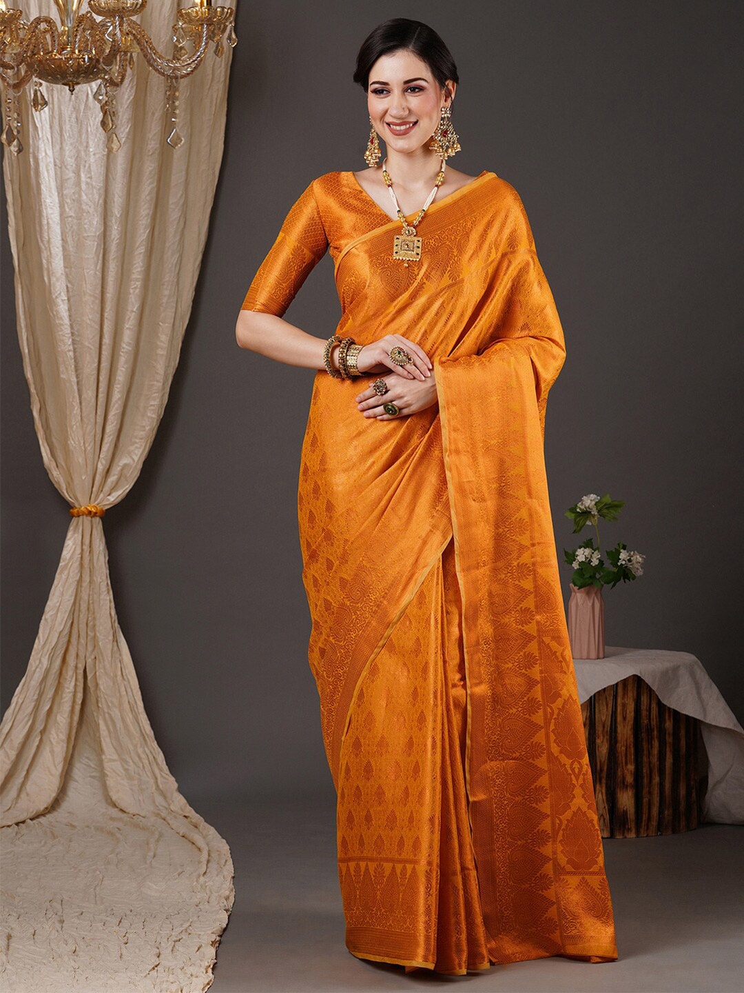 

Saree mall Yellow & Gold-Toned Ethnic Motif Woven Design Zari Kanjeevaram Sarees