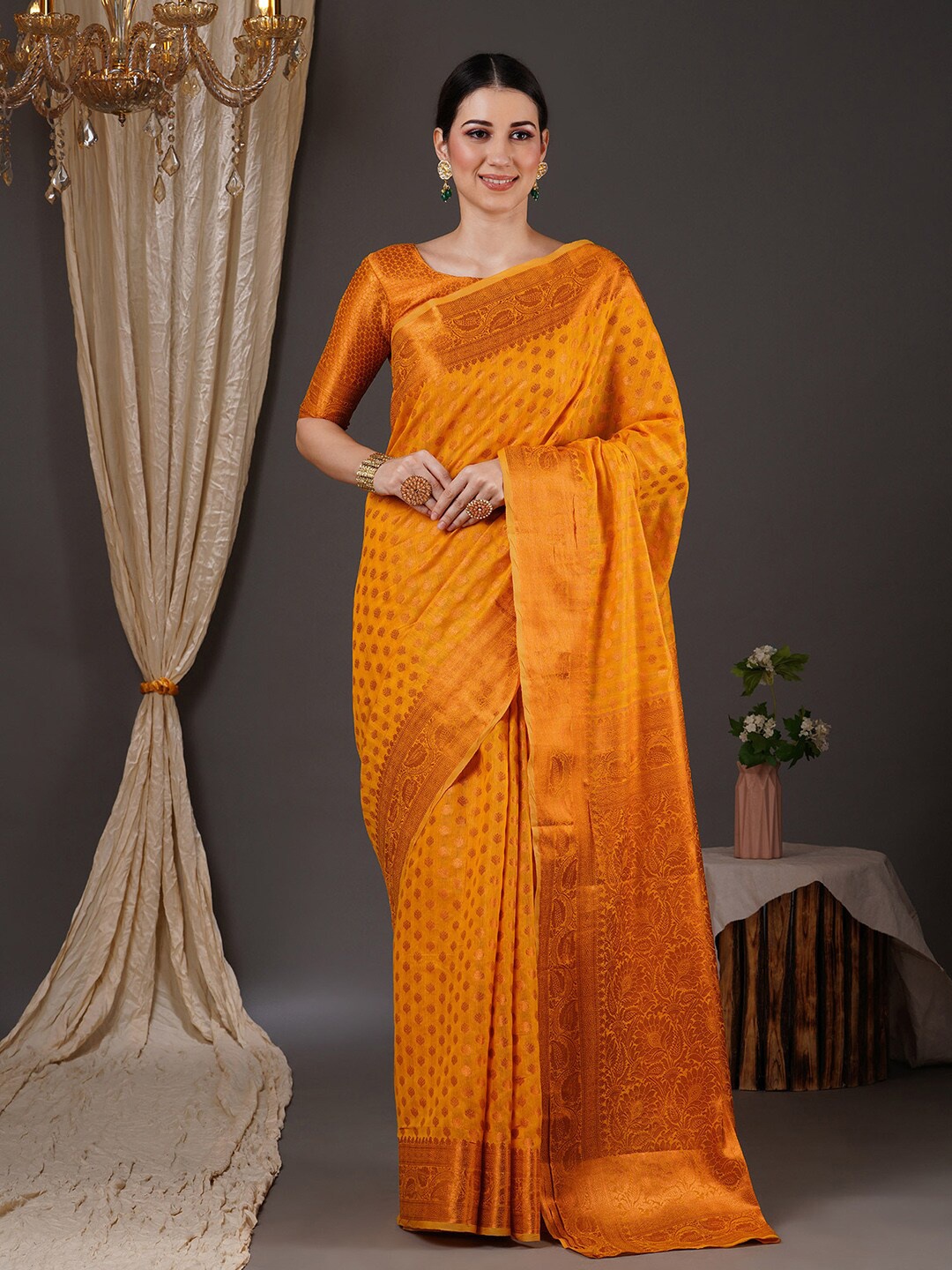 

Saree mall Orange & Gold-Toned Floral Woven Design Zari Banarasi Sarees