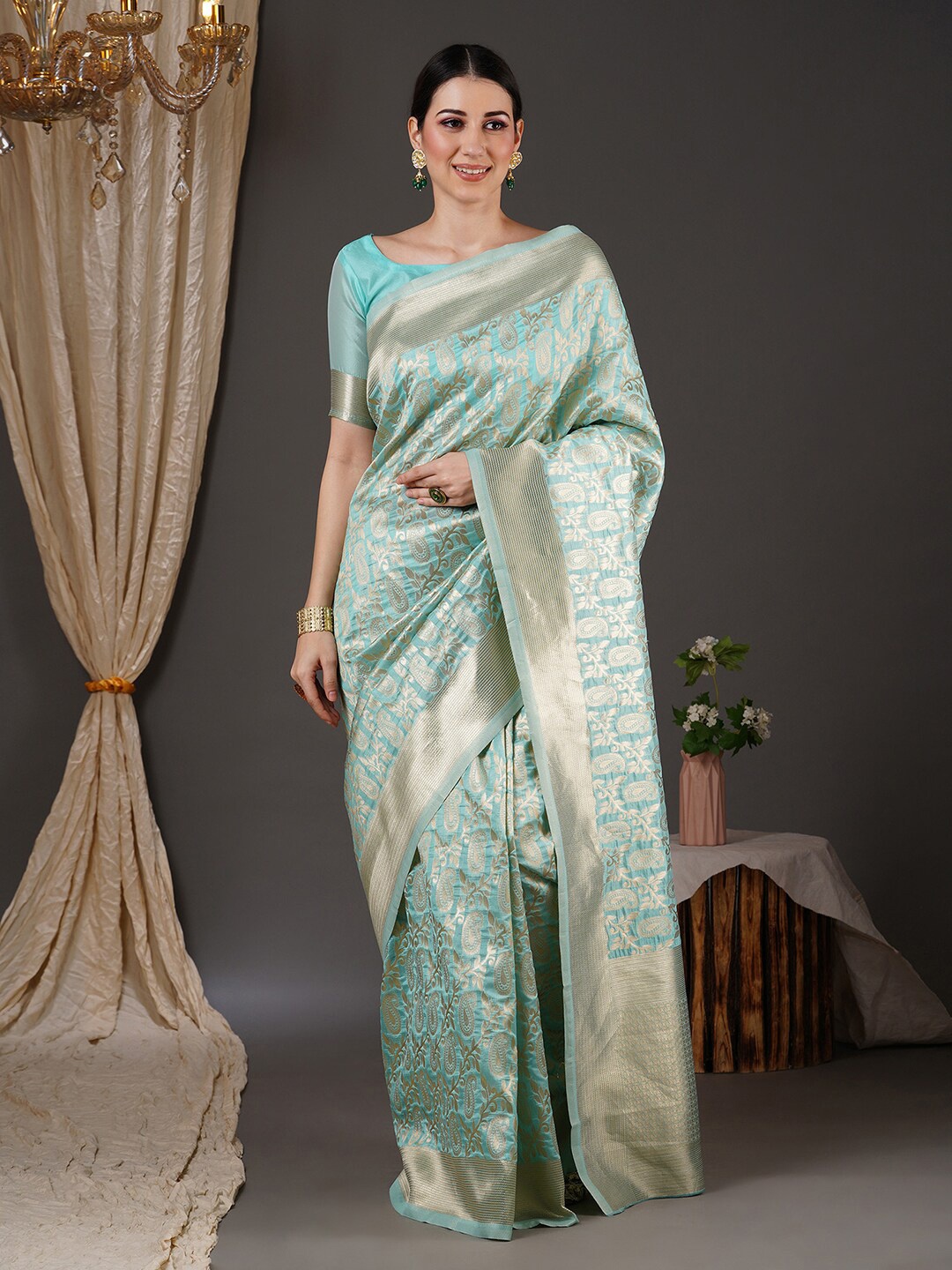 

Saree mall Turquoise Blue & Silver-Toned Paisley Zari Silk Blend Banarasi Sarees