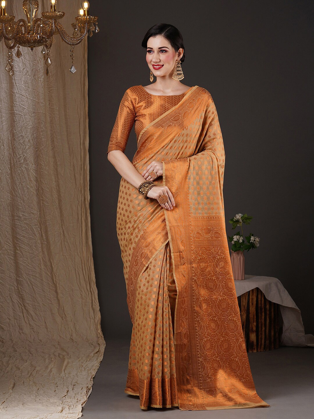 

Saree mall Cream-Coloured & Copper-Toned Ethnic Motif Woven Design Zari Banarasi Sarees