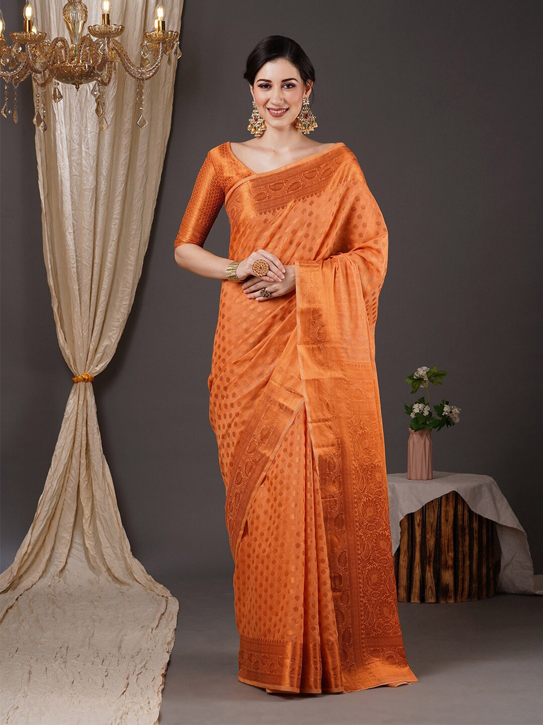 

Saree mall Orange & Gold-Toned Ethnic Motif Woven Design Zari Banarasi Sarees