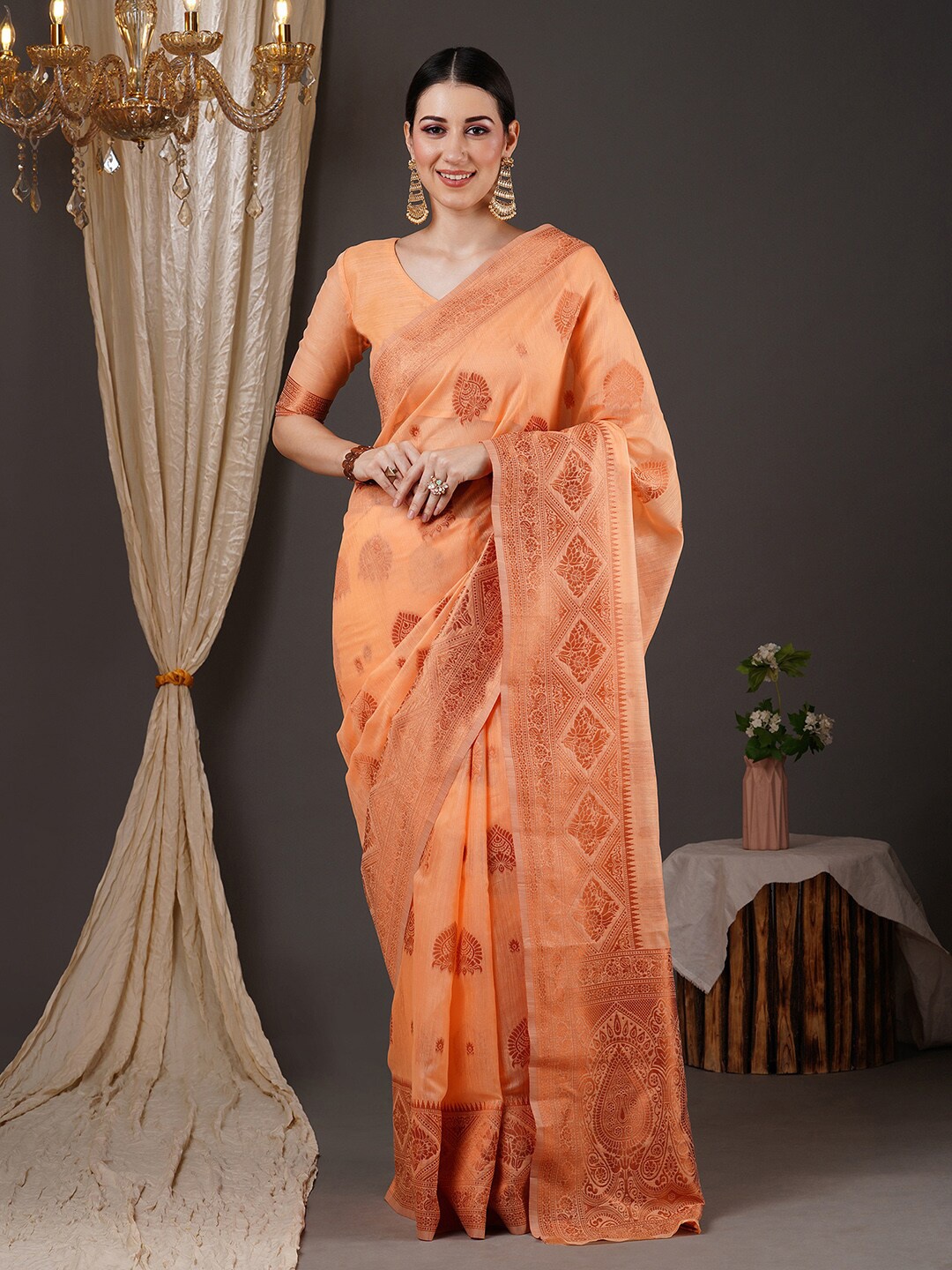 

Saree mall Peach-Coloured & Copper-Toned Ethnic Motif Woven Design Zari Banarasi Sarees