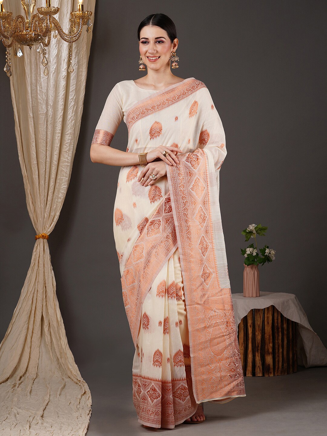

Saree mall Off White & Copper-Toned Ethnic Motif Woven Design Zari Banarasi Sarees