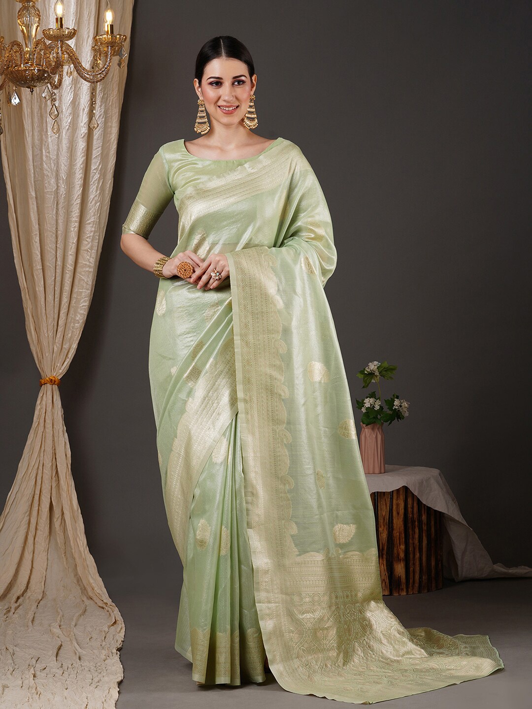 

Saree mall Green & Silver-Toned ethnic Motif Woven Design Zari Organza Banarasi Sarees