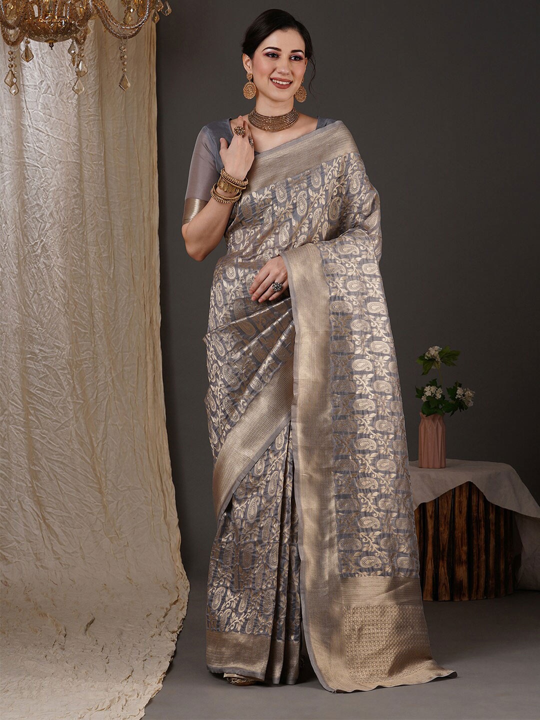 

Saree mall Grey & Gold-Toned Paisley Woven Design Zari Banarasi Sarees