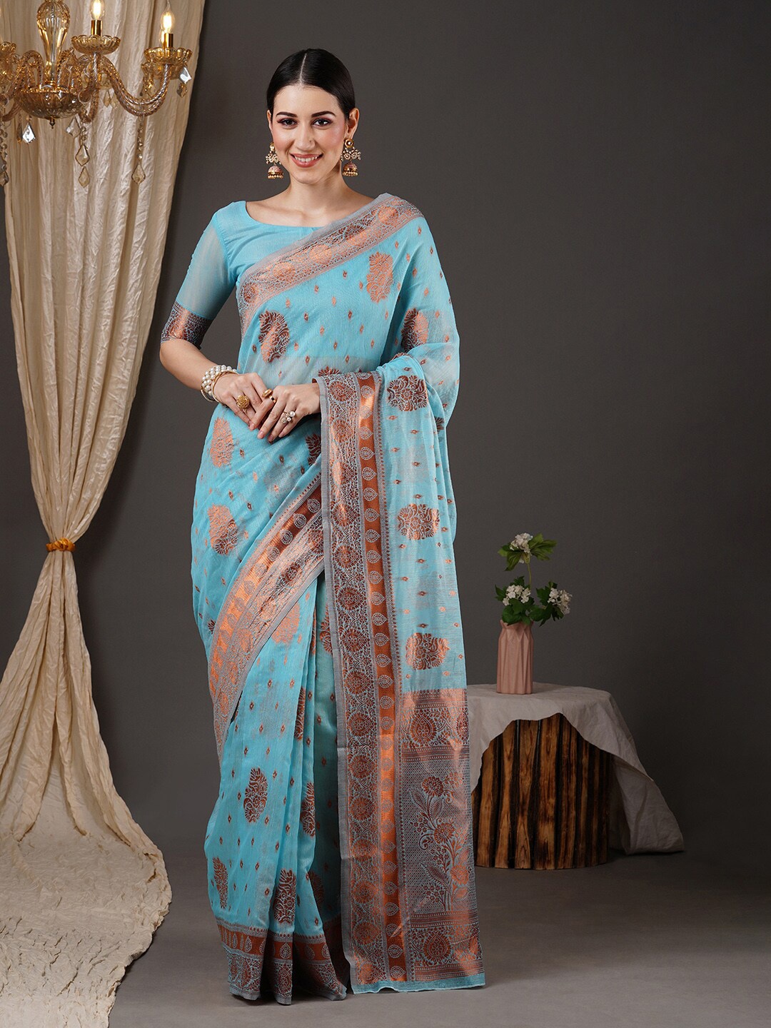 

Saree mall Blue & Copper-Toned Floral Woven Design Zari Banarasi Sarees