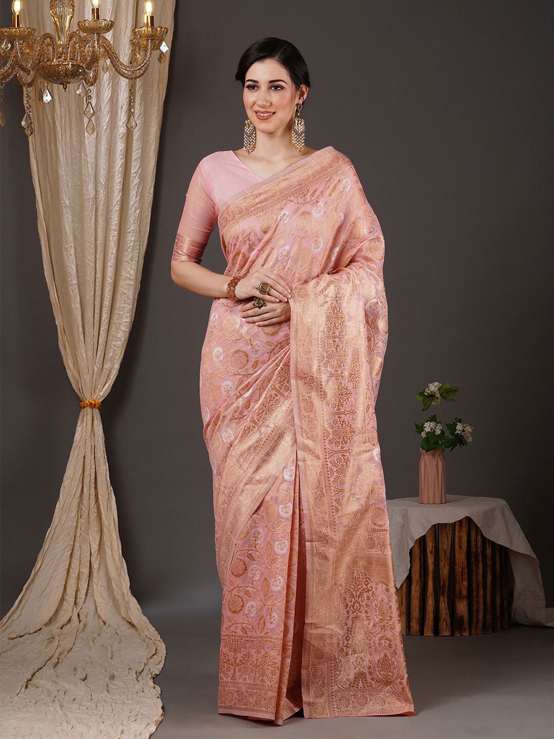 

Saree mall Pink & Gold-Toned Floral Woven Design Zari Banarasi Sarees