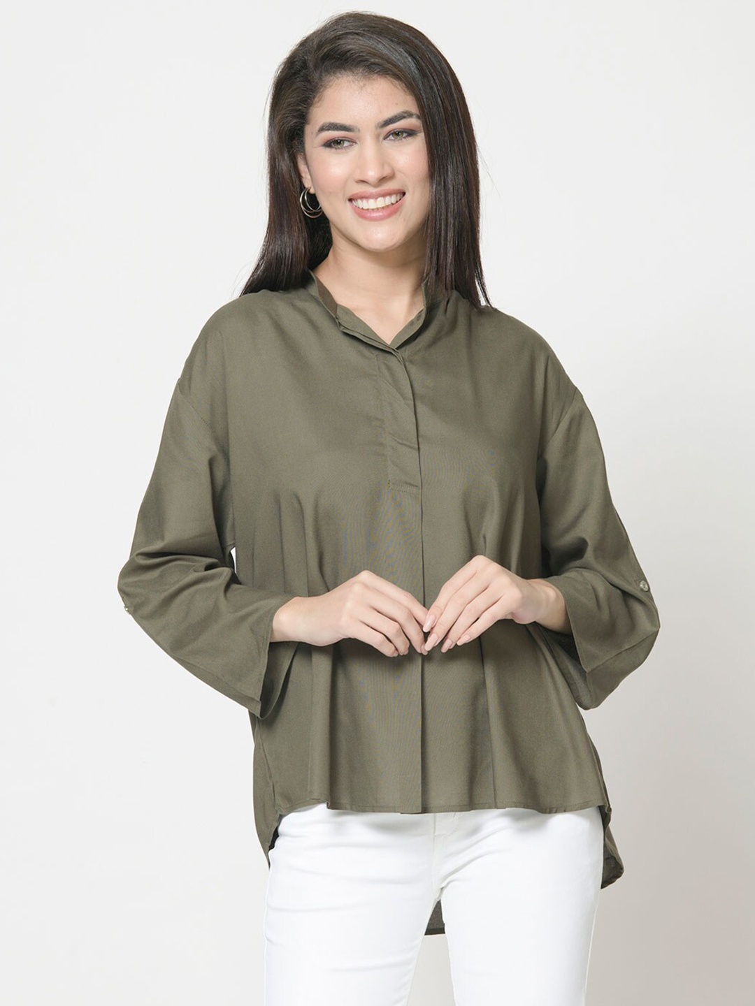 

urSense Mandarin Collar Roll-Up Sleeve High-Low Cotton Top, Olive