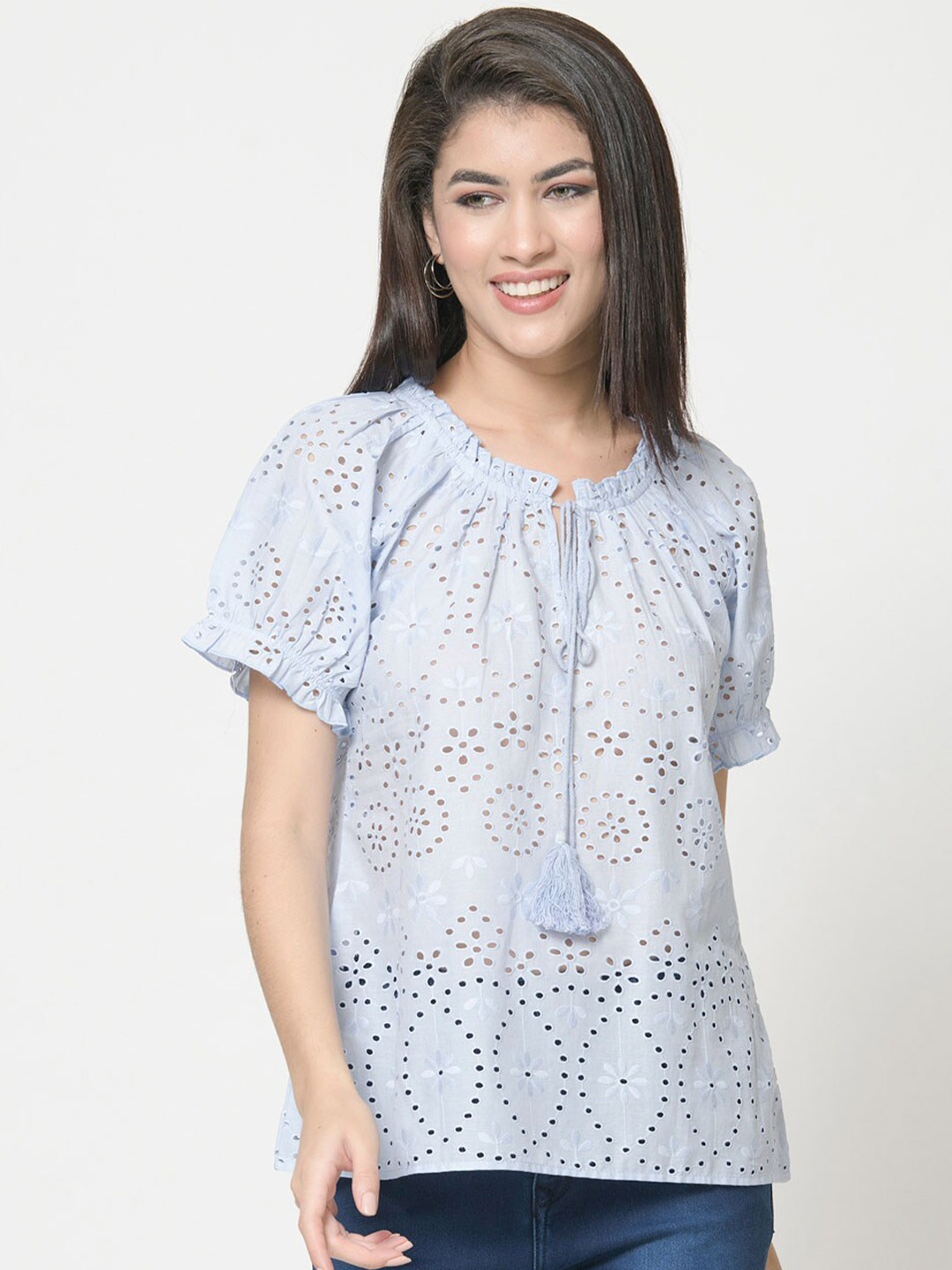 

urSense Tie-Up Neck Extended Sleeves Cotton Schiffli Top, Blue