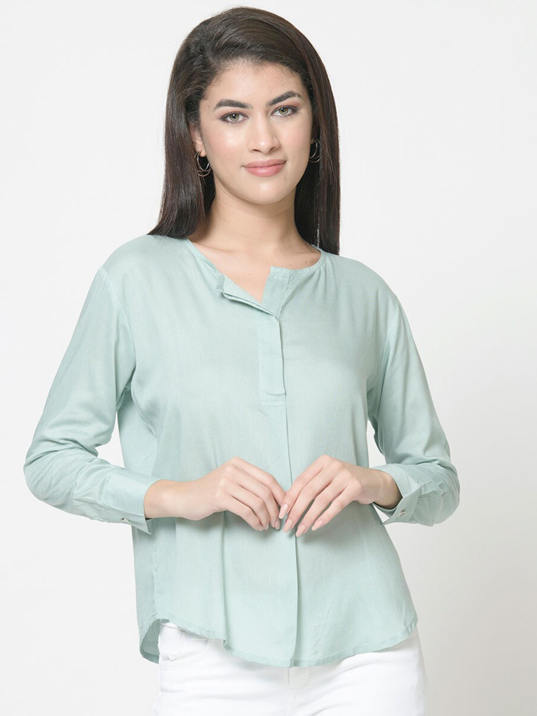 

urSense Cuffed Sleeves Cotton Shirt Style Top, Green