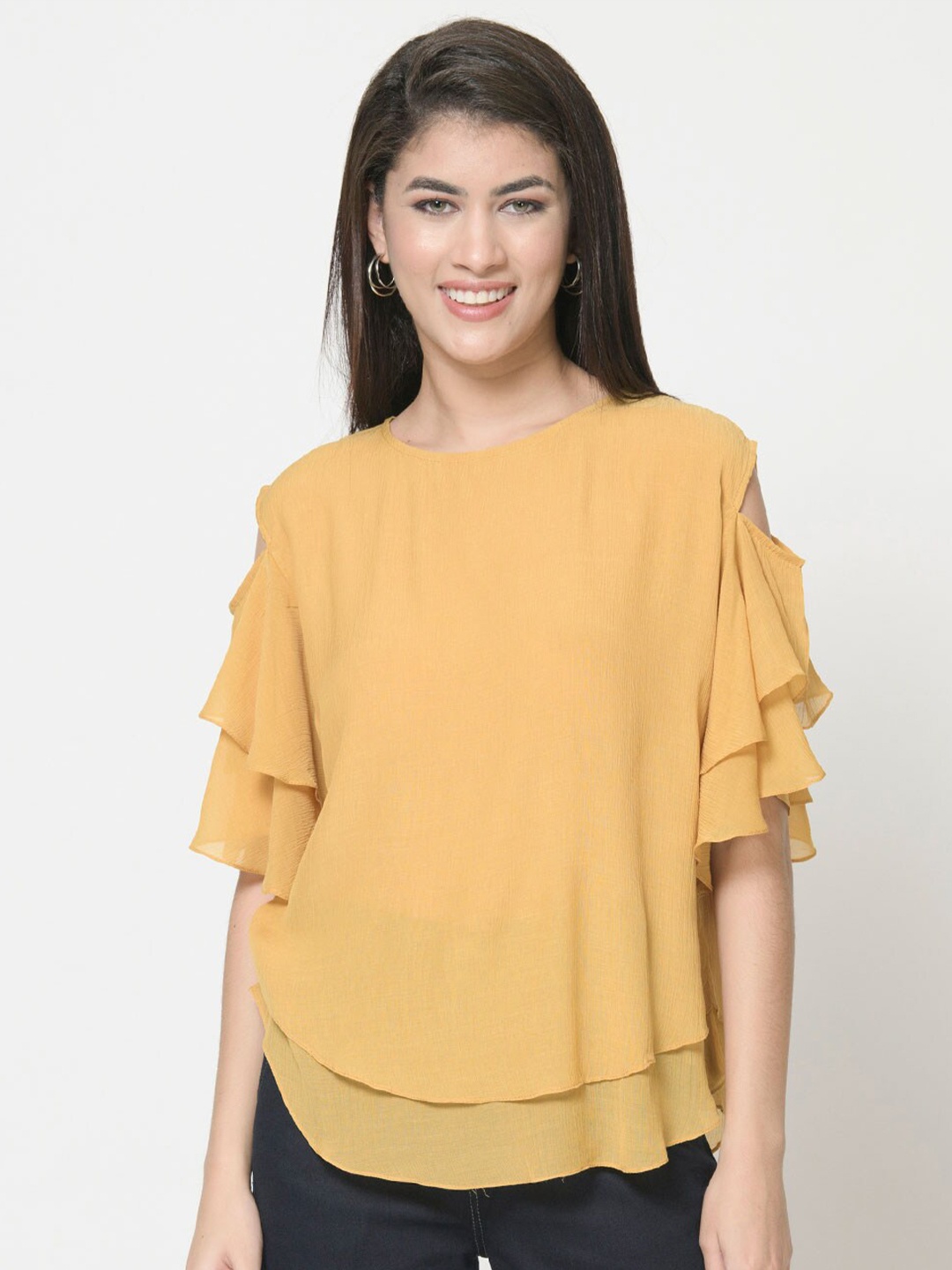 

urSense Cold-Shoulder Sleeve Cotton Top, Yellow