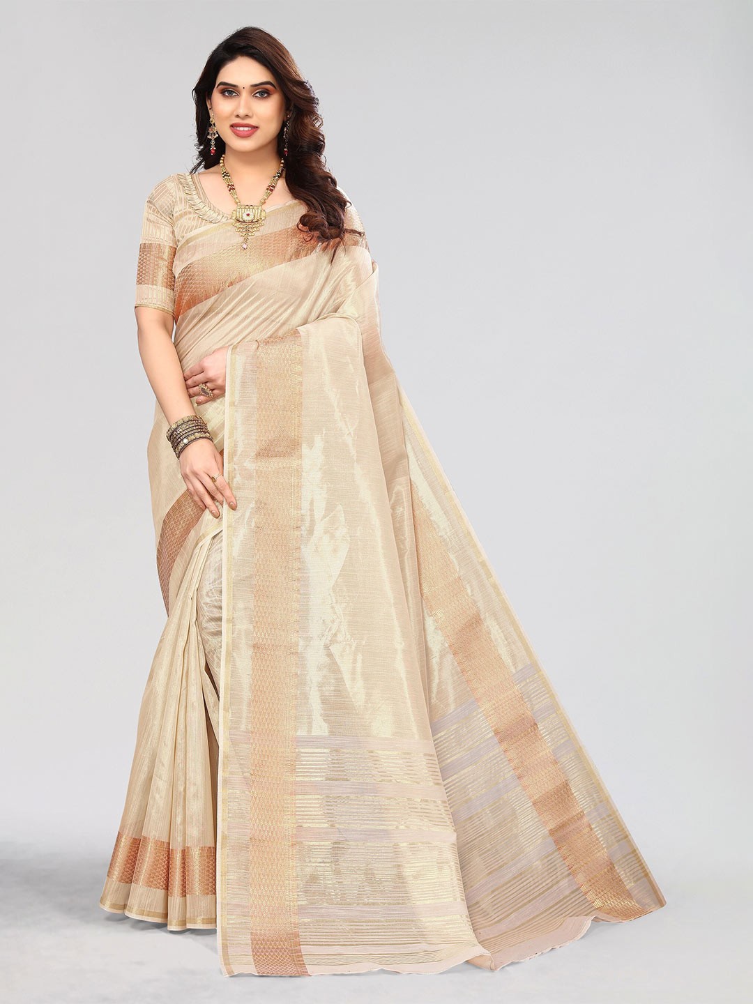 

Winza Designer Zari Silk Blend Banarasi Saree, Cream