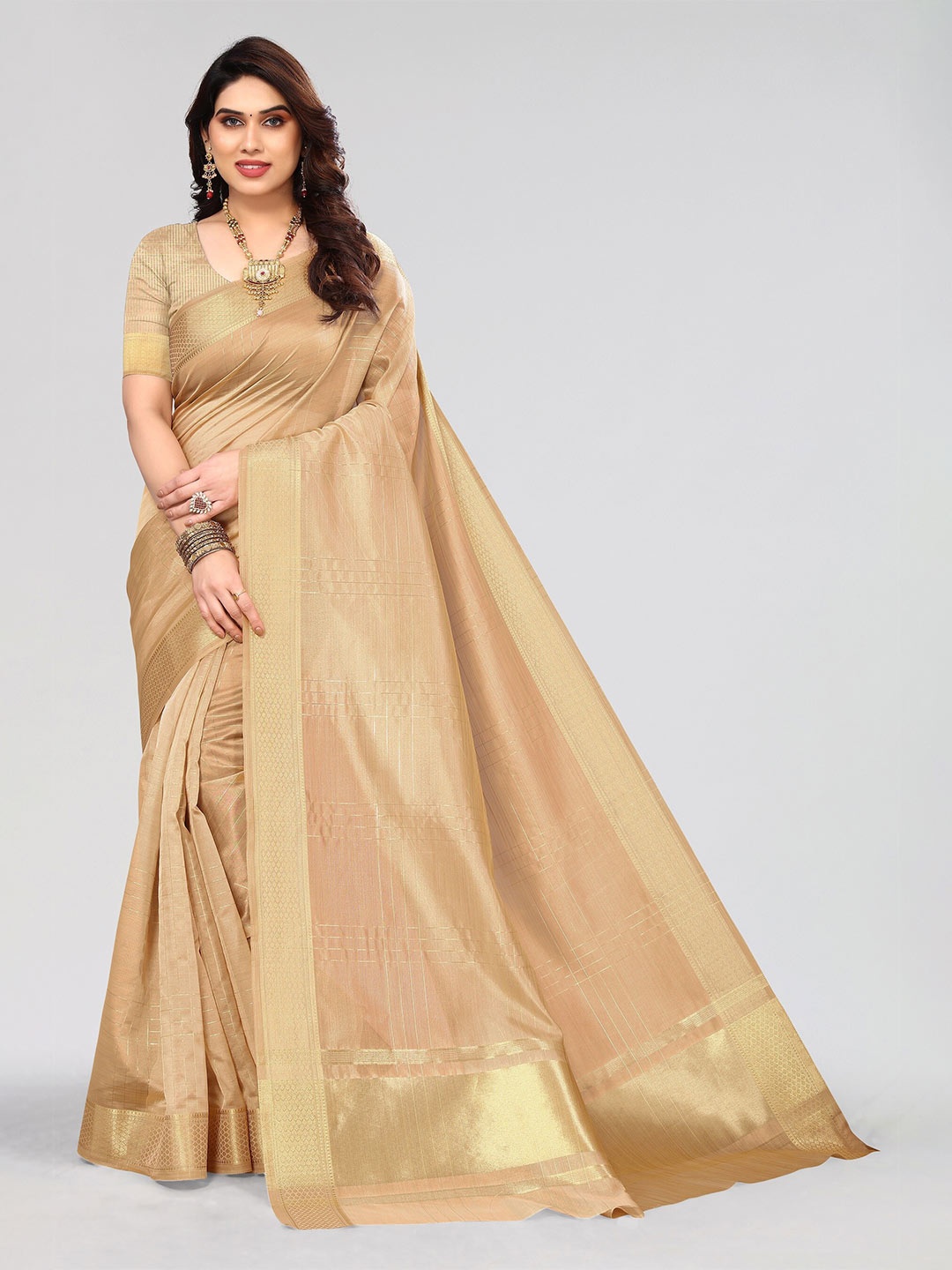 

Winza Designer Checked Zari Banarasi Saree, Beige