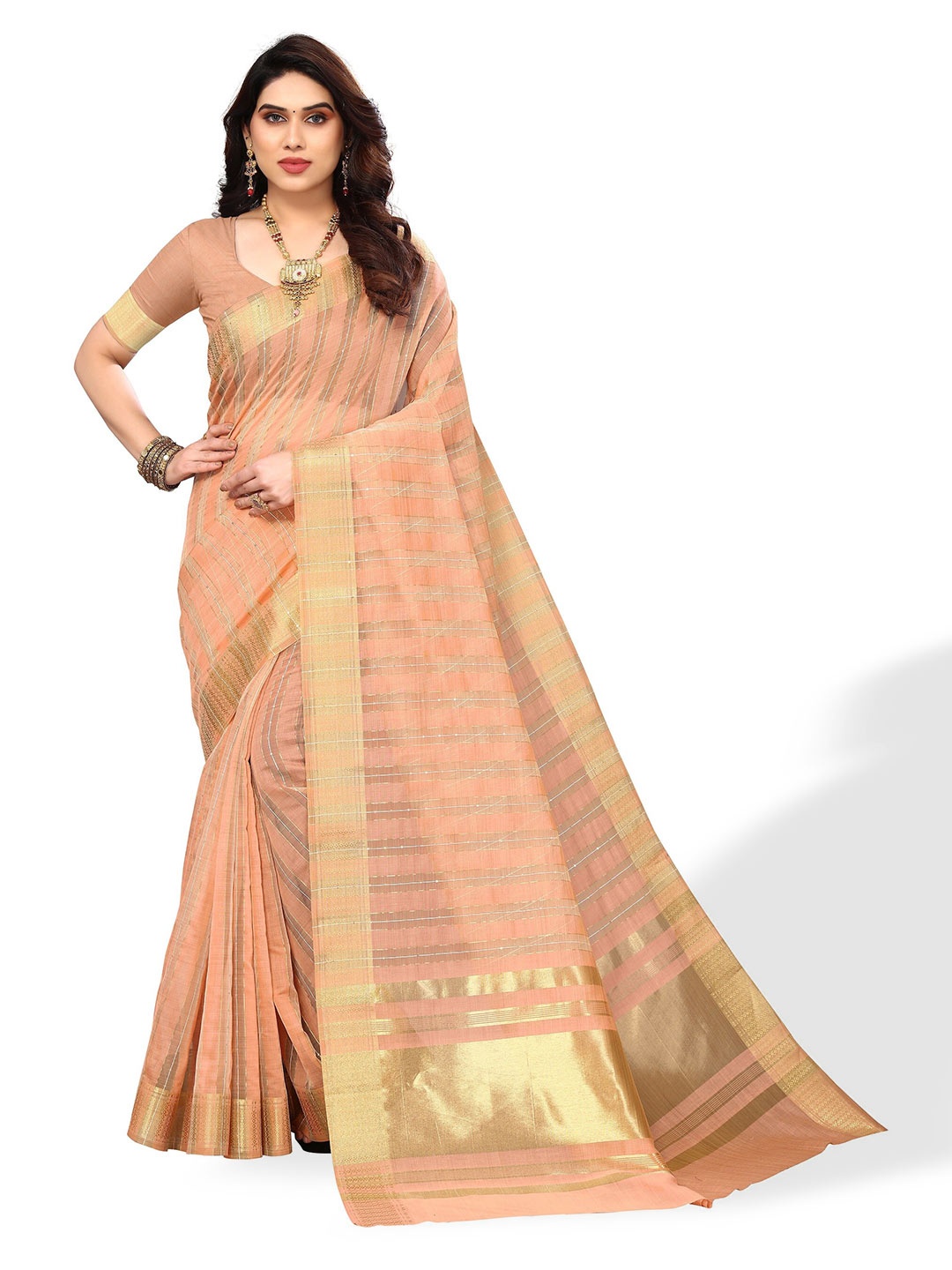 

Winza Designer Striped Zari Banarasi Saree, Peach