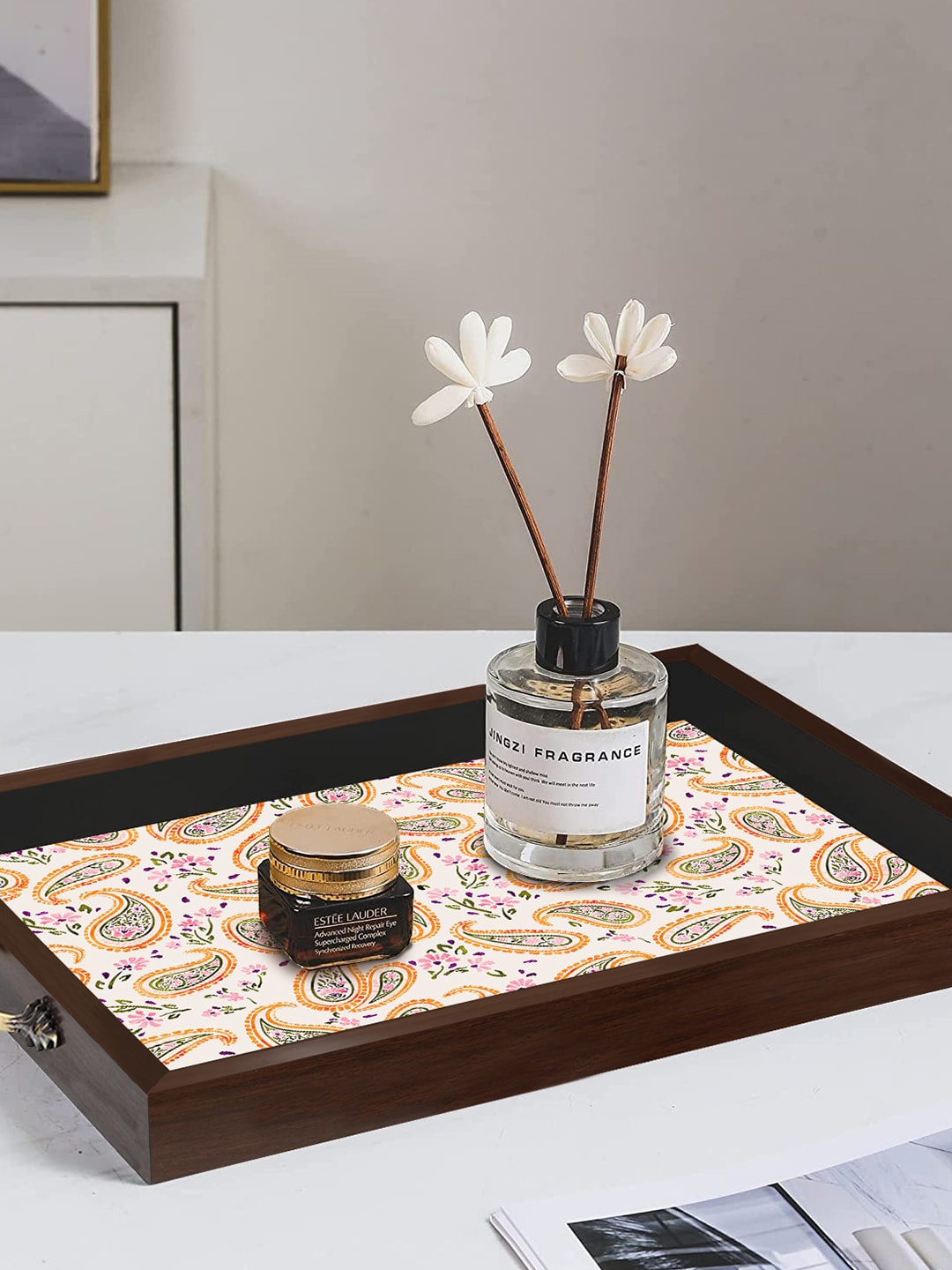 

PAPER PLANE DESIGN Brown & Peach Coloured Printed Wooden Serving Tray