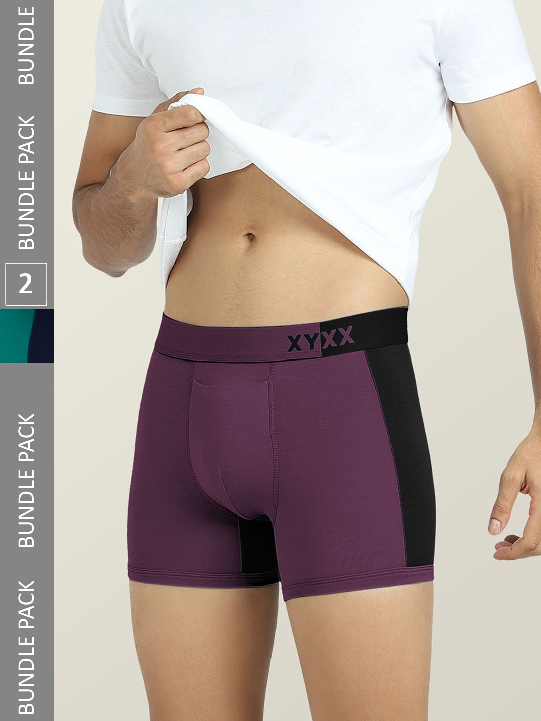 

XYXX Men Pack of 2 Mid-Rise Colourblock Anti-Microbial Trunks XYTRNK2PCKN553, Purple