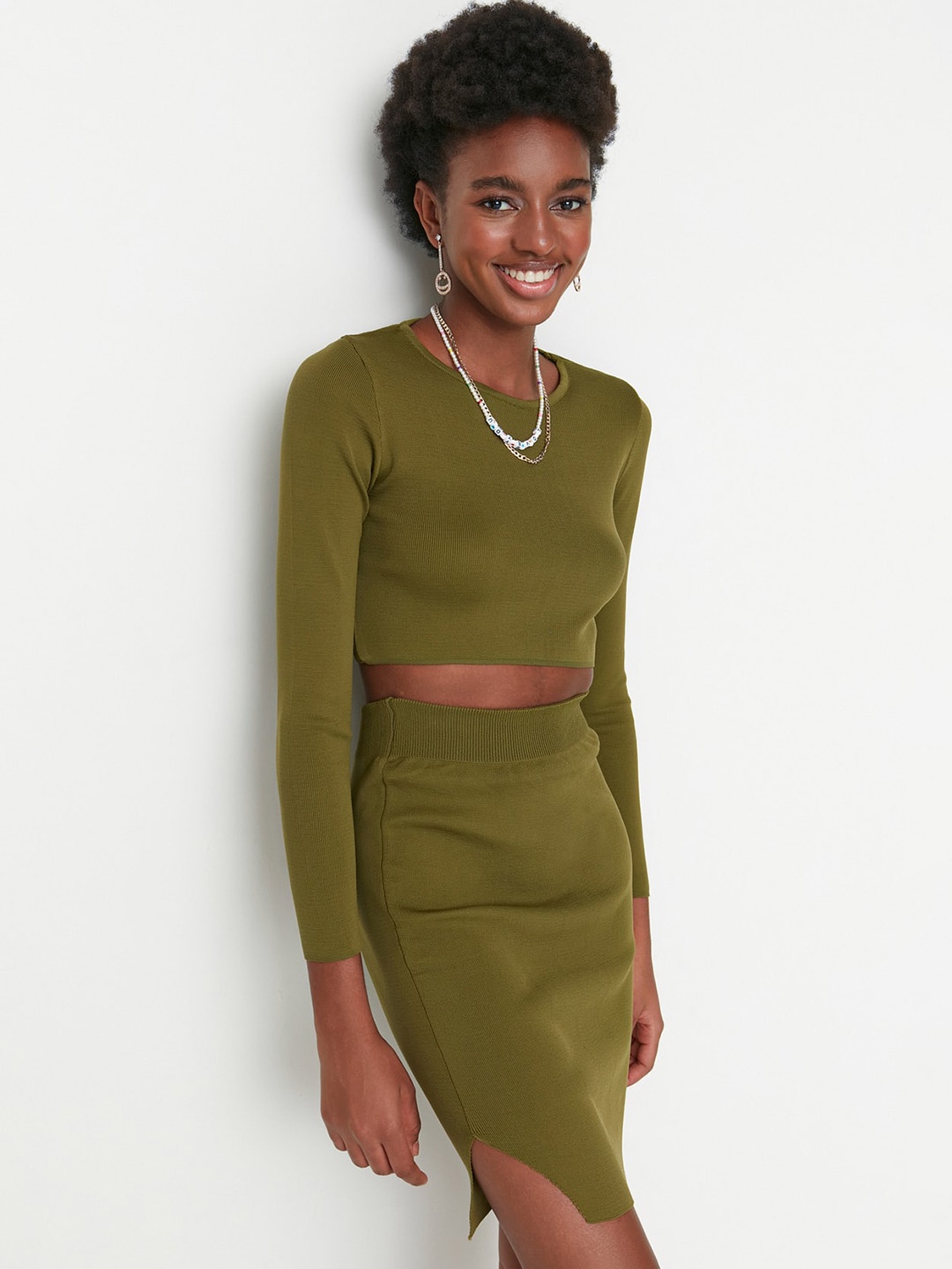 

Trendyol Long Sleeves Crop Top With Skirt Co-Ord Set, Olive