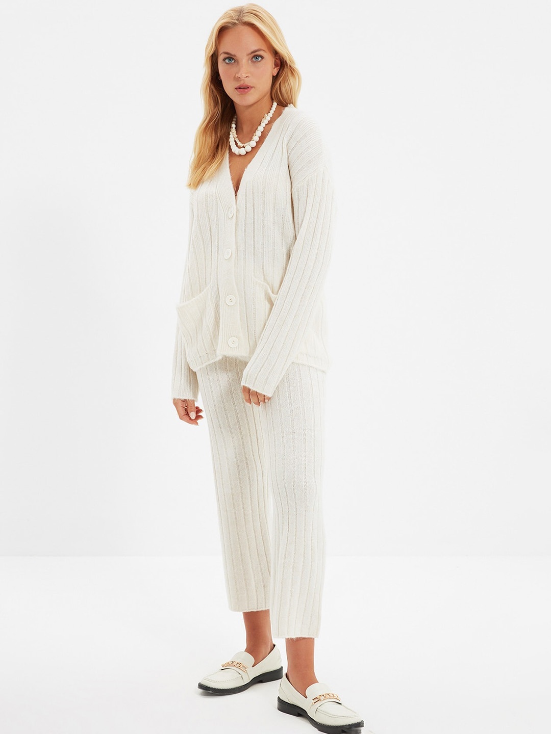 

Trendyol Striped Sweater With Trouser Co-Ord Set, White