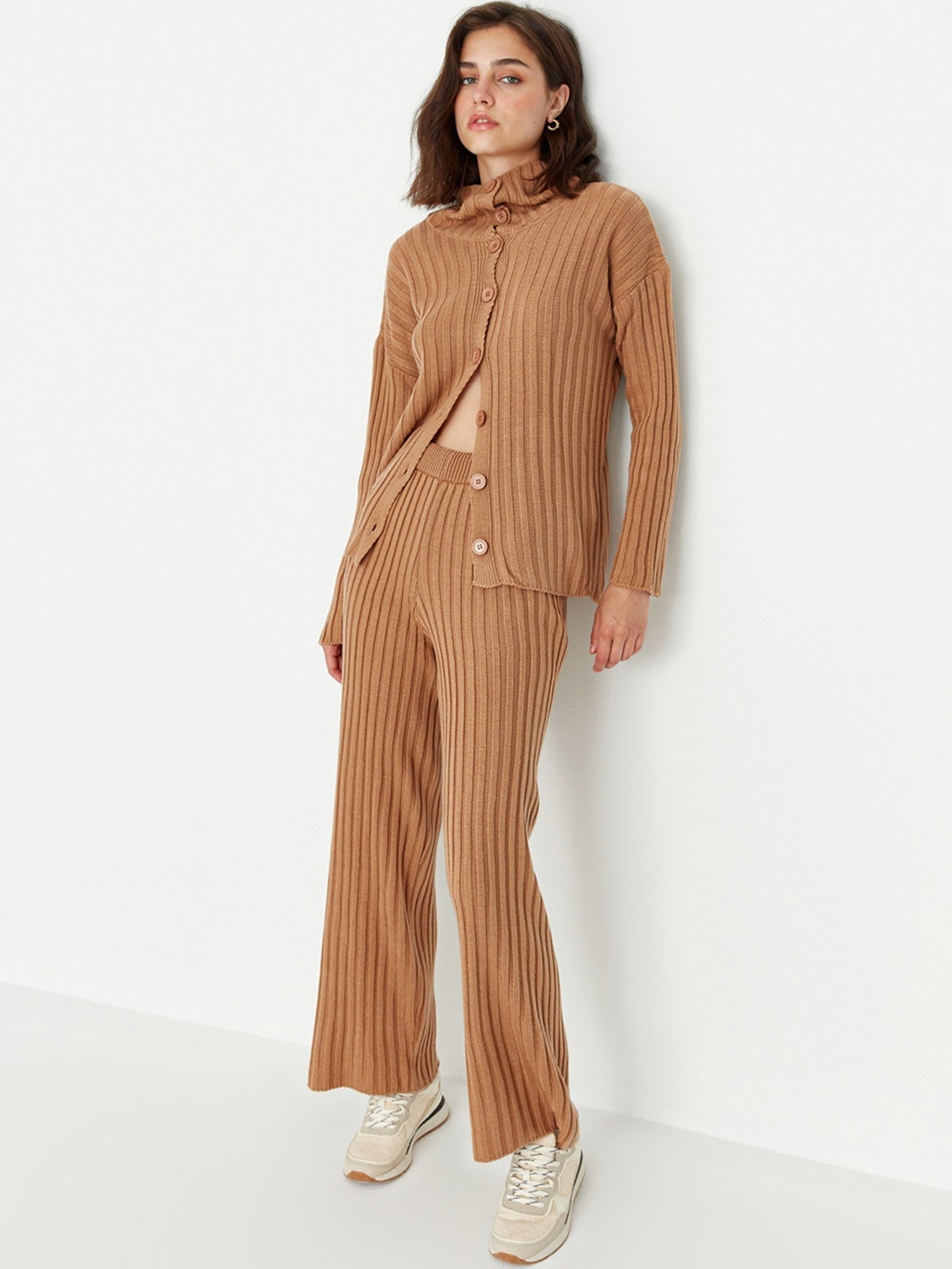 

Trendyol Ribbed Acrylic Long Sleeves Sweater With Palazzos Co-Ords, Brown