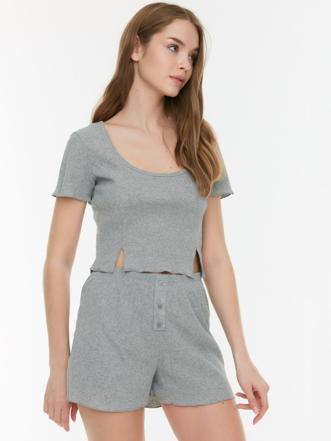 

Trendyol Scoop Neck Short Sleeves Top With Shorts Co-Ords, Grey melange