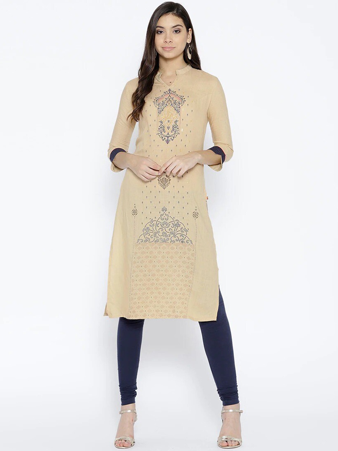 

Span Ethnic Motifs Printed Mandarin Collar Kurta, Beige