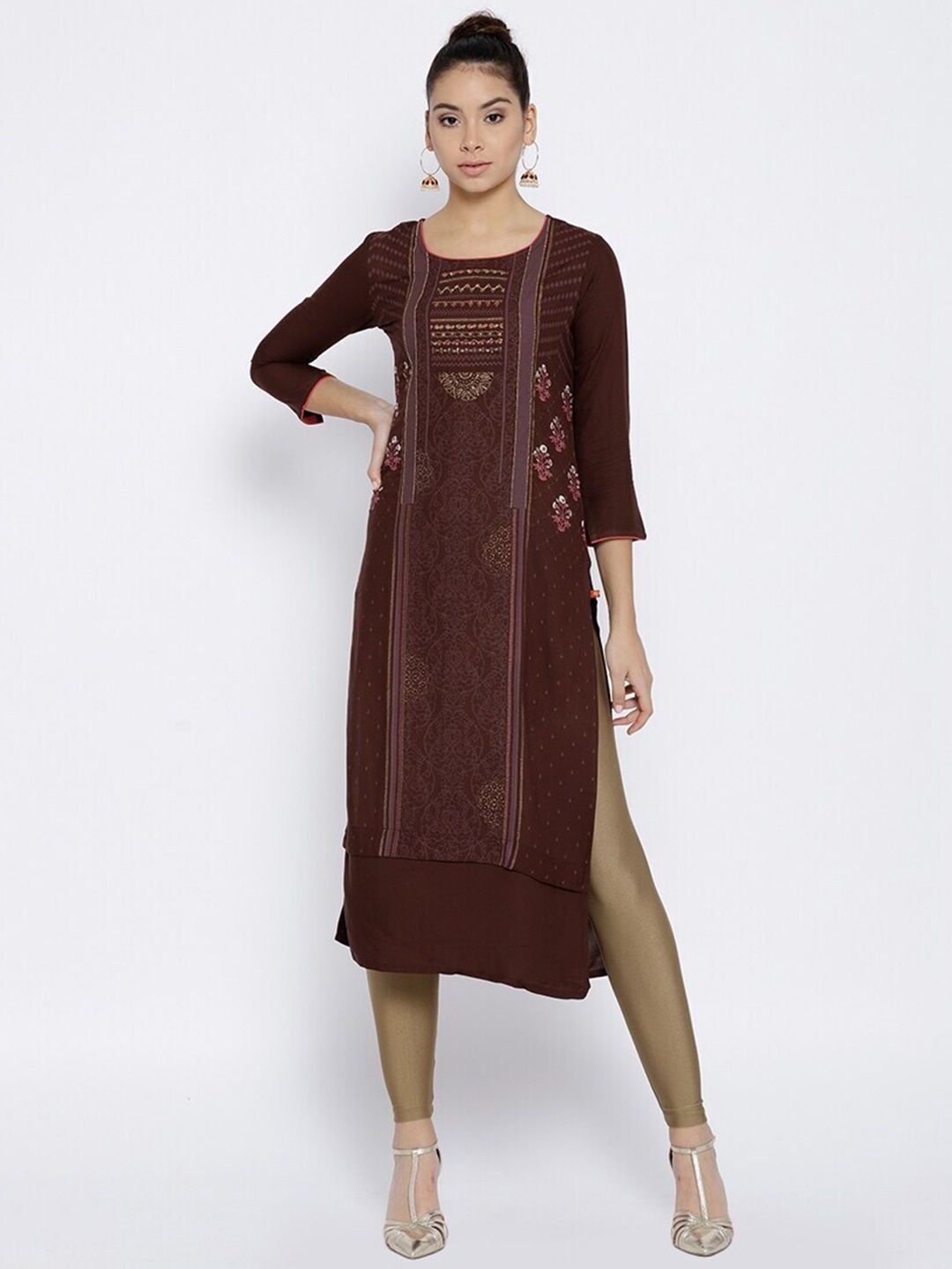 

Span Ethnic Motifs Printed Beads and Stones Detail Pure Cotton Kurta, Brown