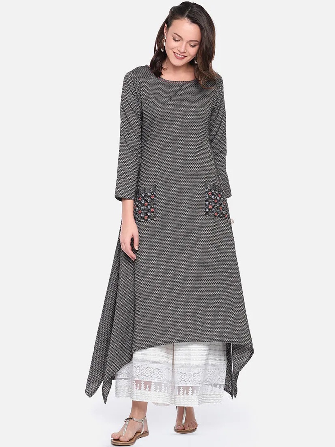 

Span Woven Design Thread Work Pure Cotton A-line Kurta, Grey