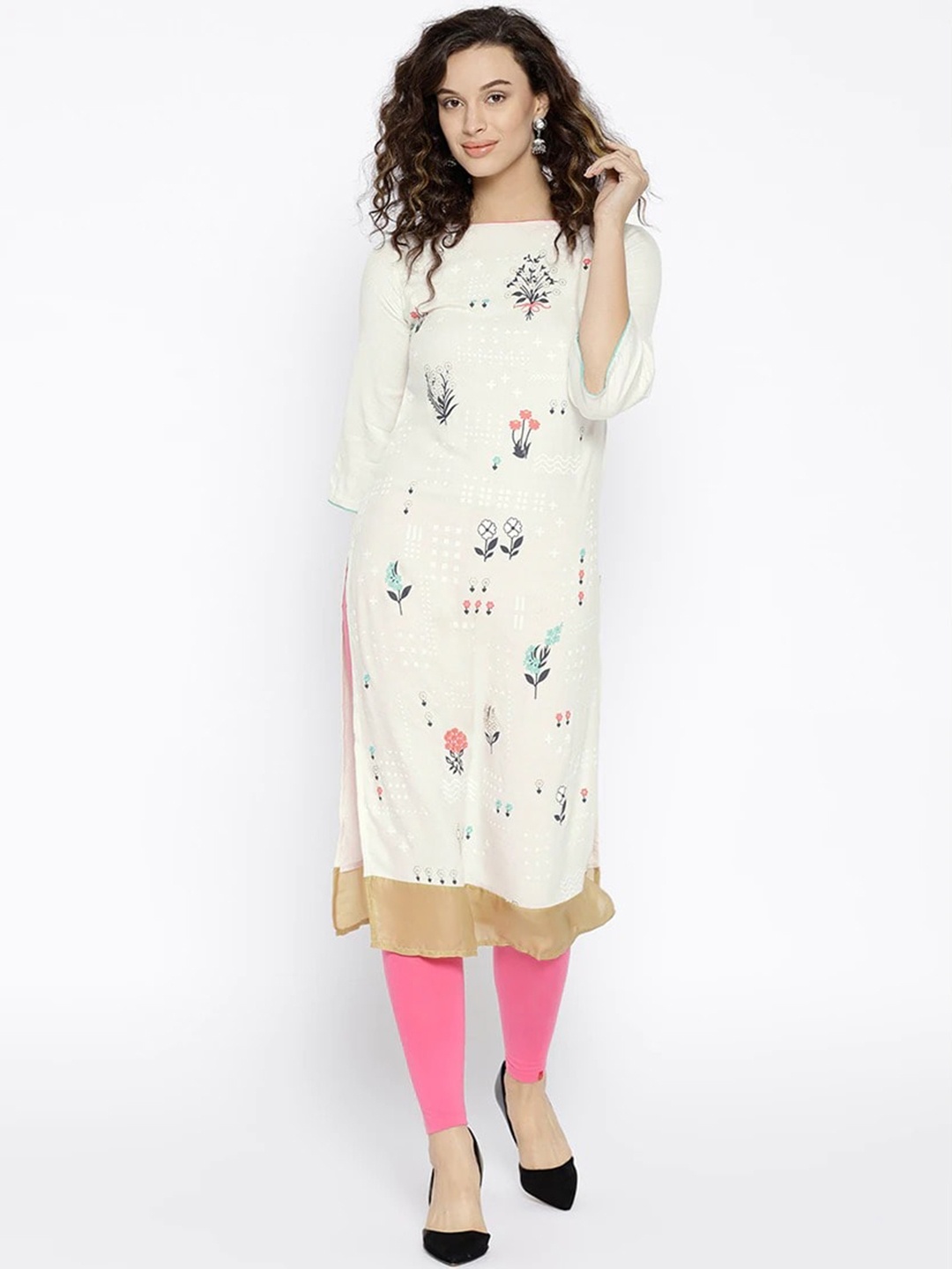 

Span Floral Printed Boat Neck Kurta, White