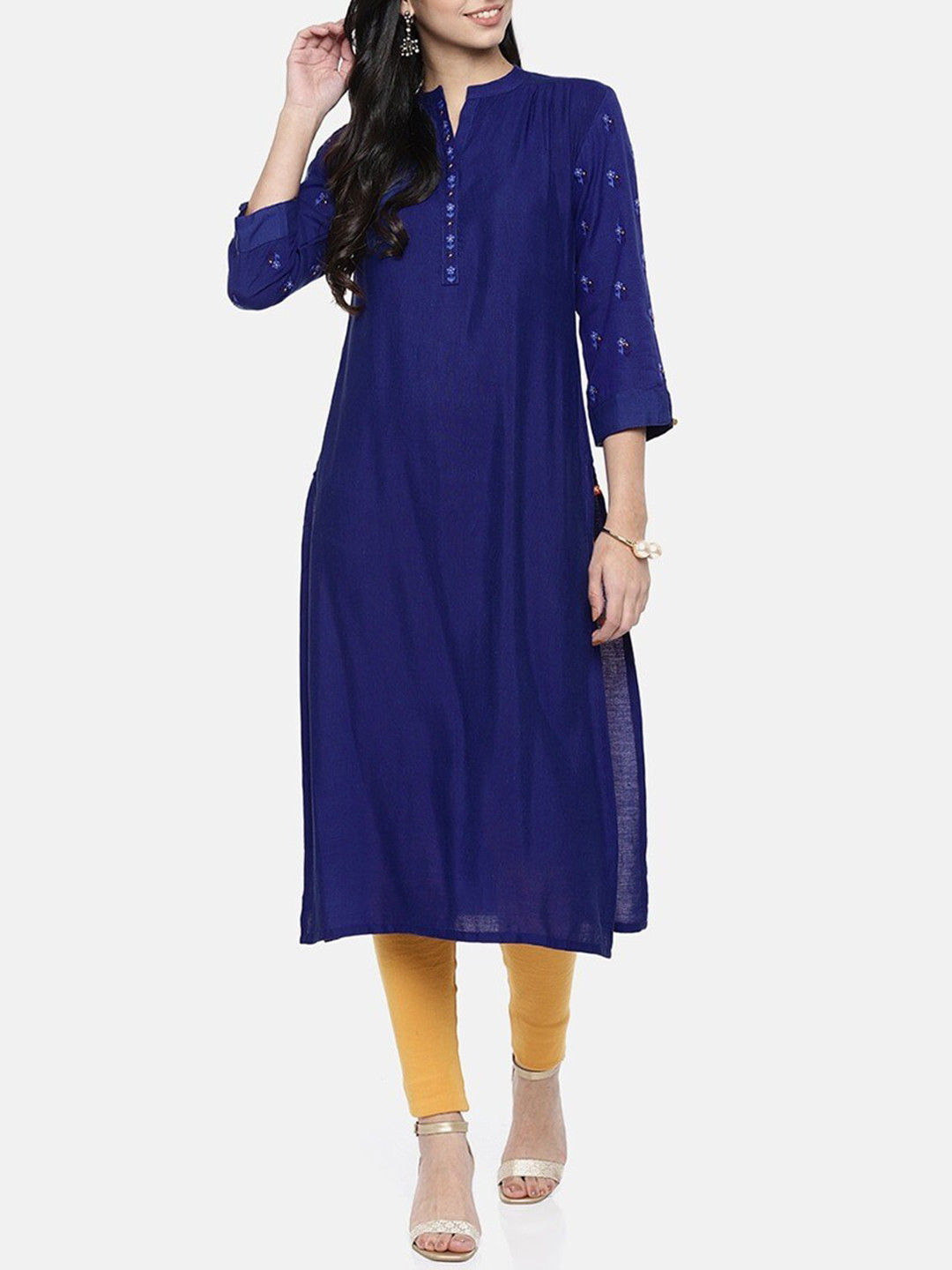 

Span Mandarin Collar Thread Work Pure Cotton Straight Kurta, Blue