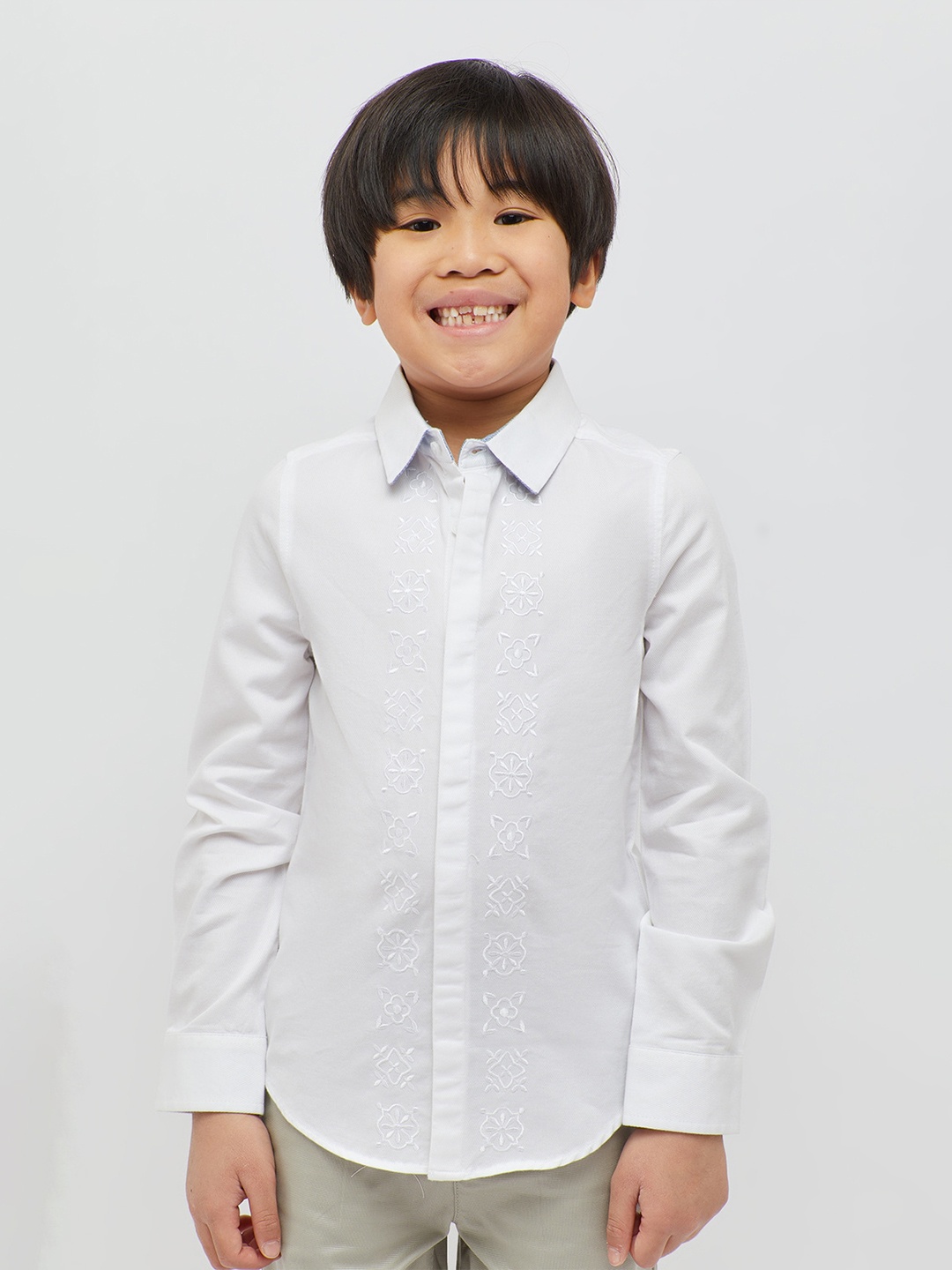 

One Friday Boys Premium Self Design Embroidered Pure Cotton Formal Shirt, Off white