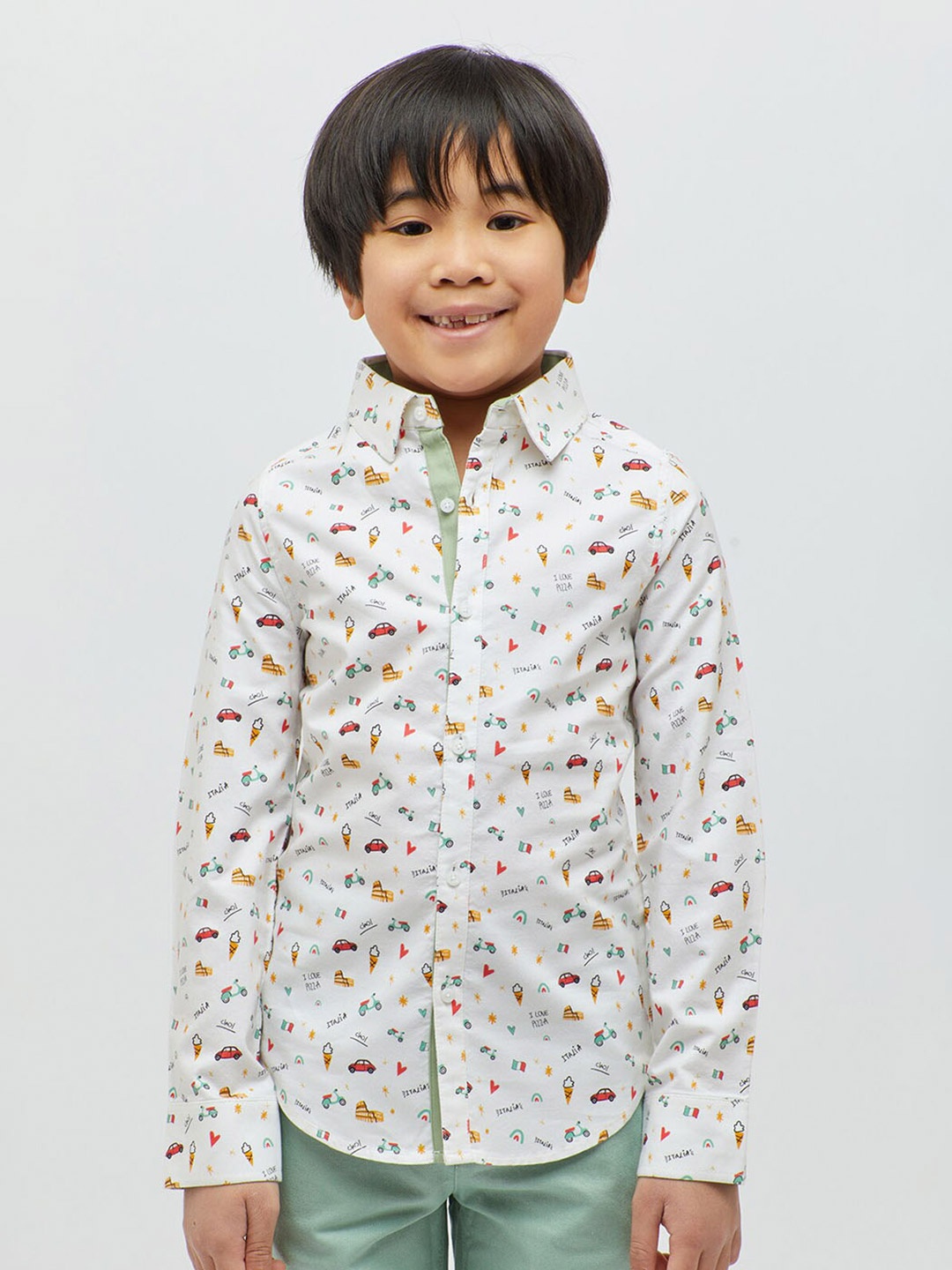 

One Friday Boys Premium Conversational Printed Pure Cotton Casual Shirt, Off white