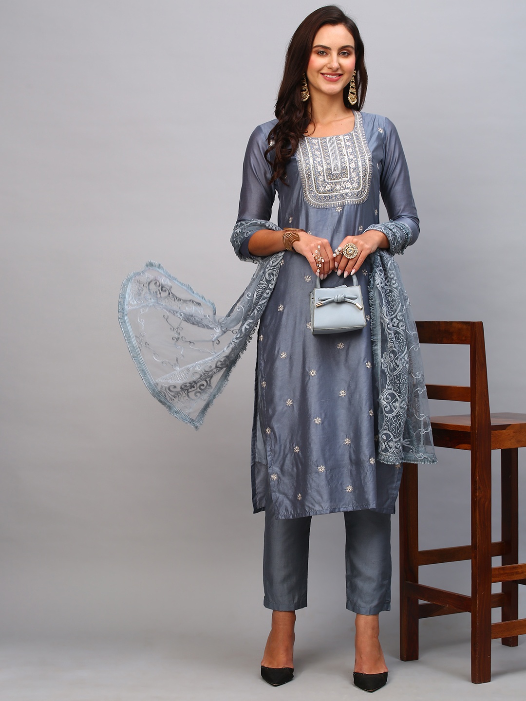 

KALINI Floral Embroidered Chanderi Cotton Kurta with Trousers & Dupatta, Grey