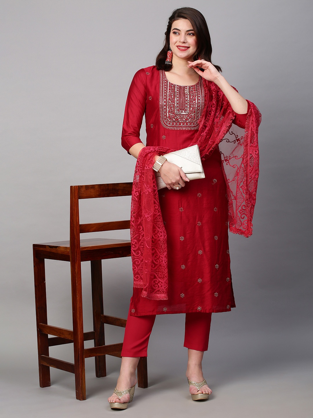 

KALINI Floral Embroidered Sequined Chanderi Cotton Kurta with Trousers & Dupatta, Red