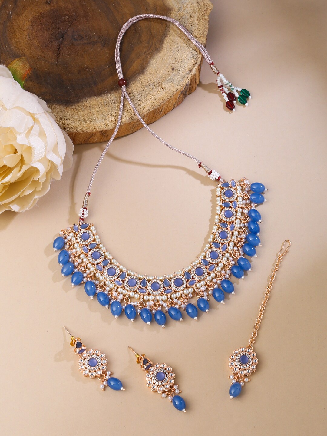 

VIRAASI Gold-Plated Kundan-Studded & Beaded Necklace and Earrings With Maangtikka