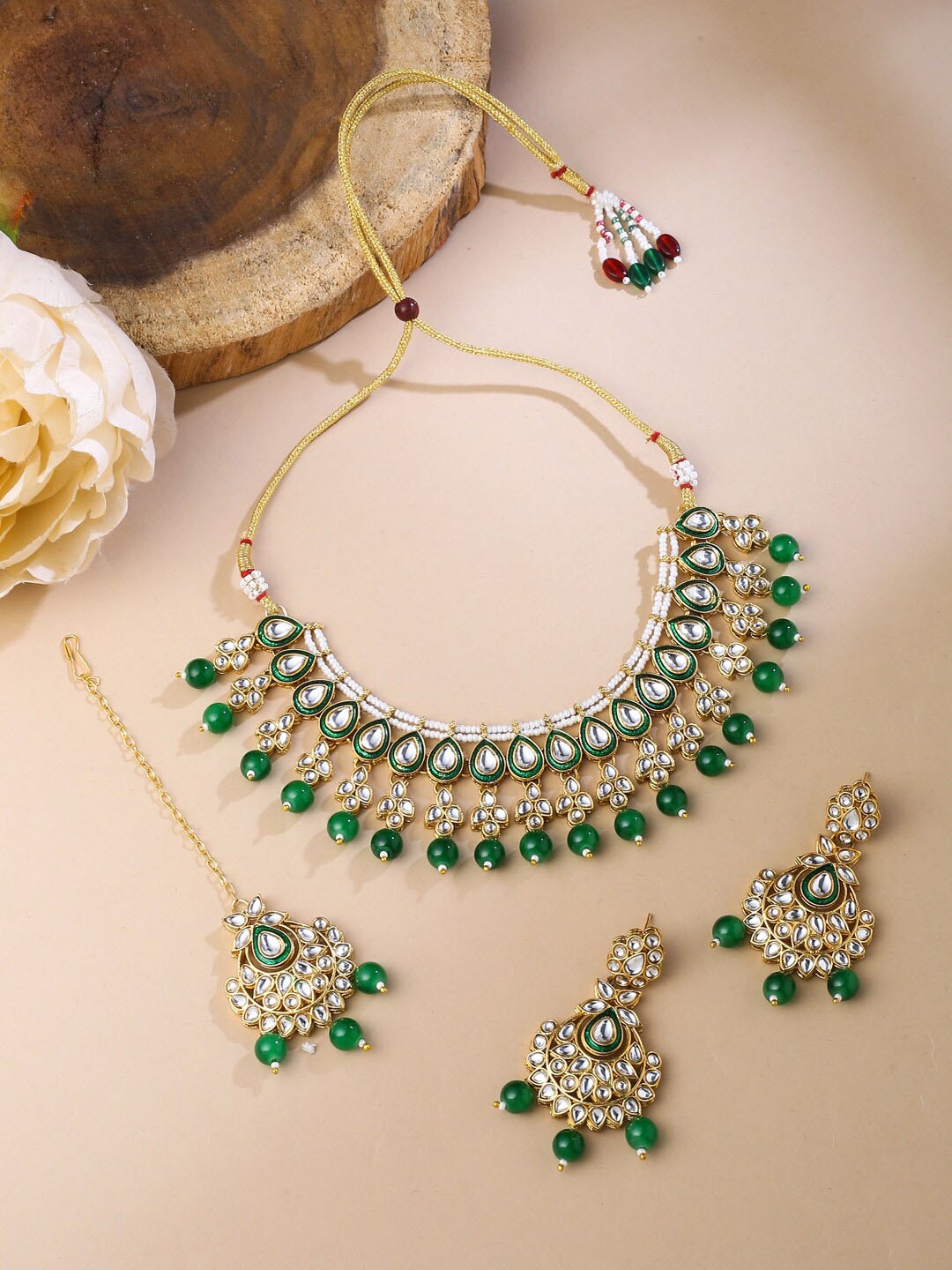 

VIRAASI Gold-Plated Kundan-Studded & Beaded Necklace and Earrings With Maangtikka