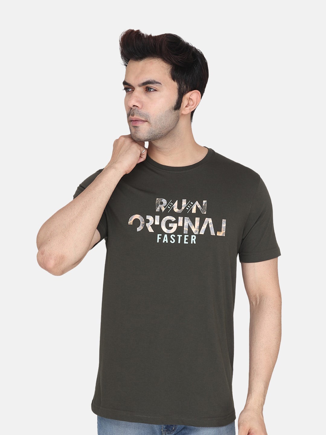 

Albion Typography Printed Round Neck Pure Cotton Relaxed Fit T-shirt, Olive