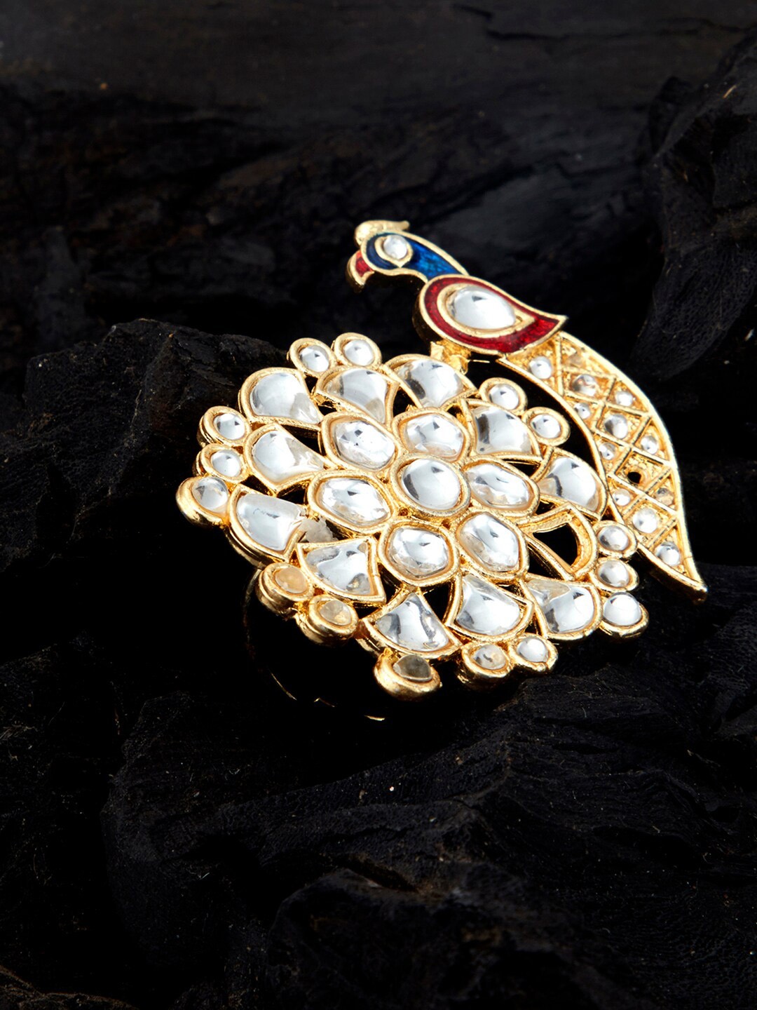 

Sukkhi Gold-Plated Kundan Studded Meenakari Adjustable Finger Ring