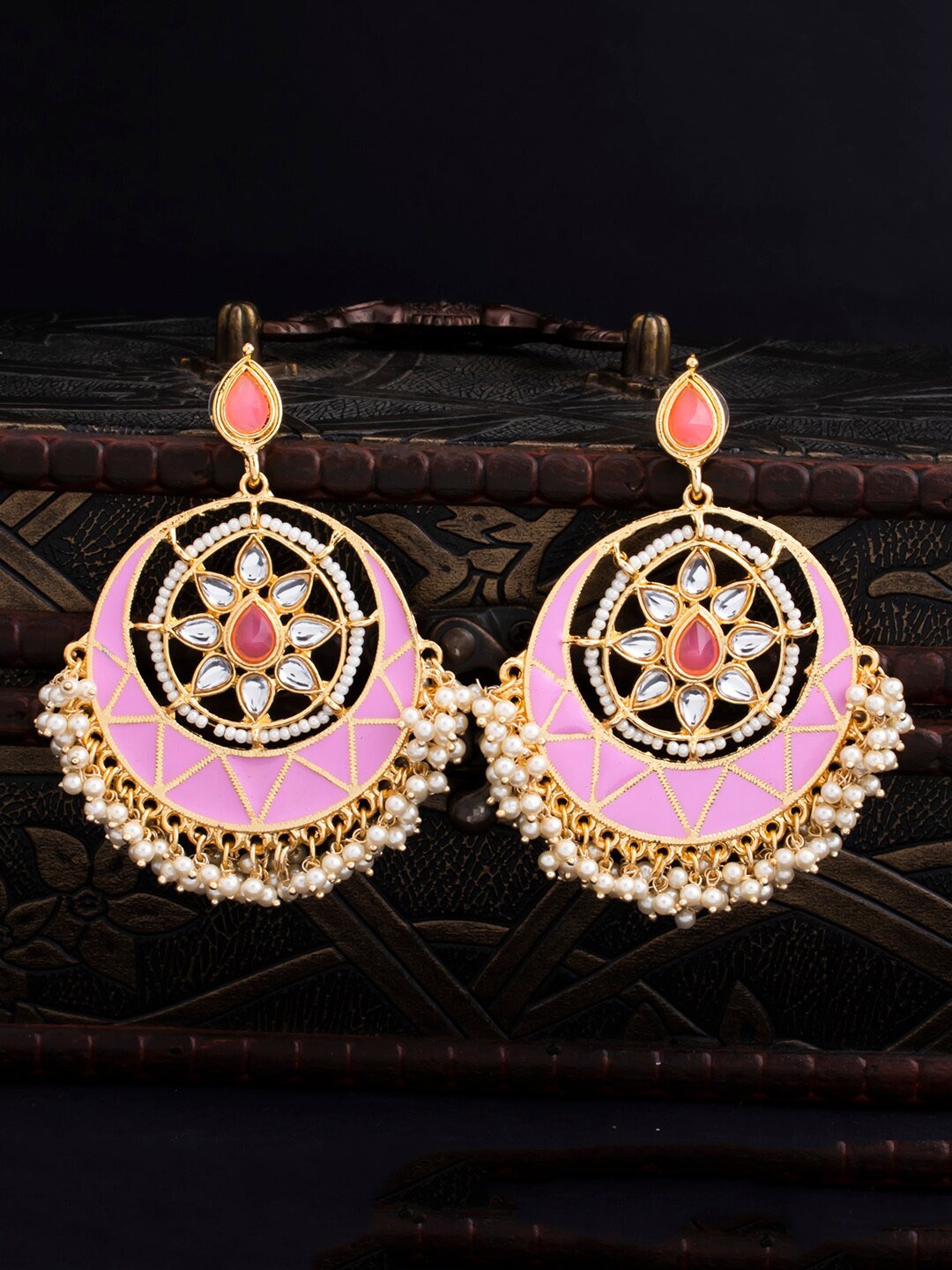 

Sukkhi Gold-Plated Kundan Meenakari Crescent Shaped Chandbalis Earrings