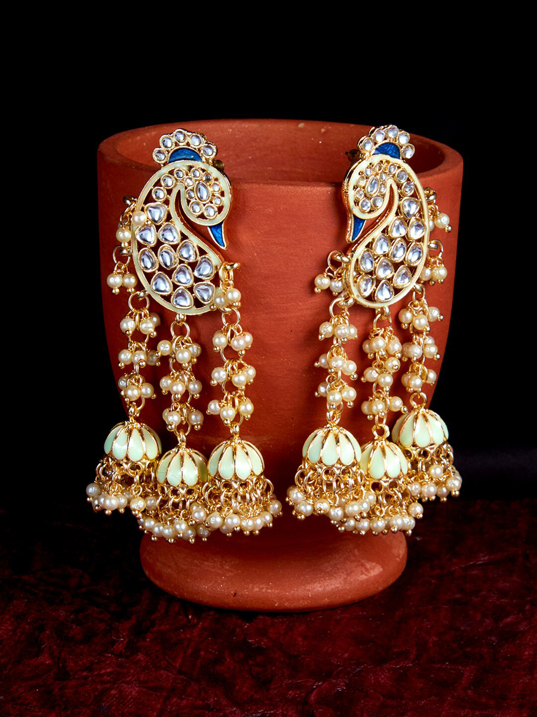 

Sukkhi Gold-Plated Kundan Peacock Shaped Jhumkas Earrings