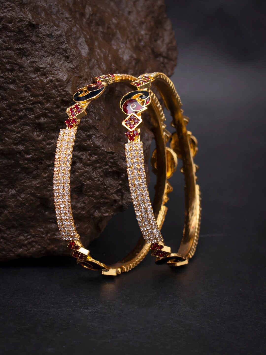 

Sukkhi Set Of 2 Gold-Plated White AD-Studded Meenakari Peacock Bangles